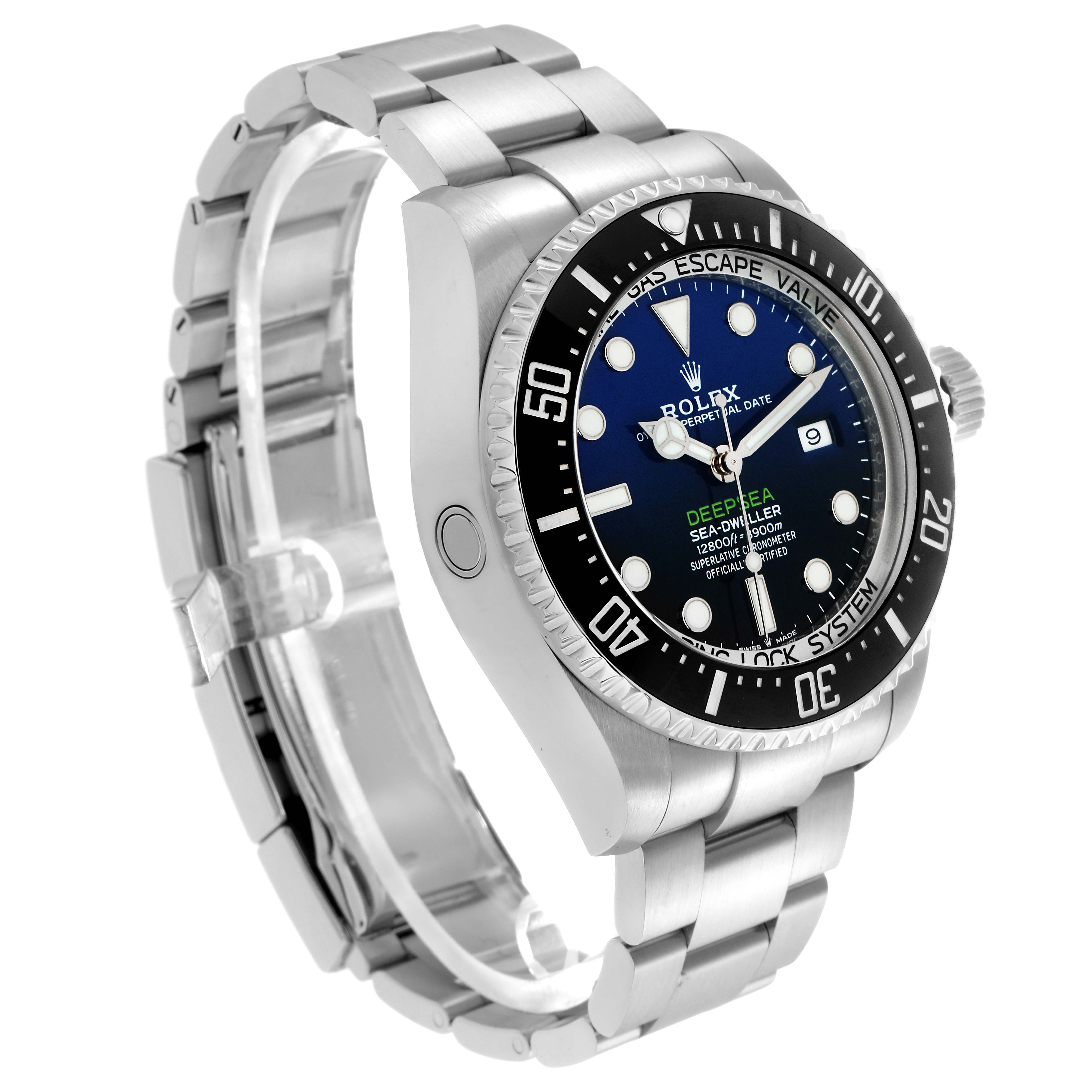 The Rolex Sea-Dweller 126660 Men's Stainless Steel Blue Dial watch is shown at a three-quarter angle, highlighting the bracelet, bezel, and face.