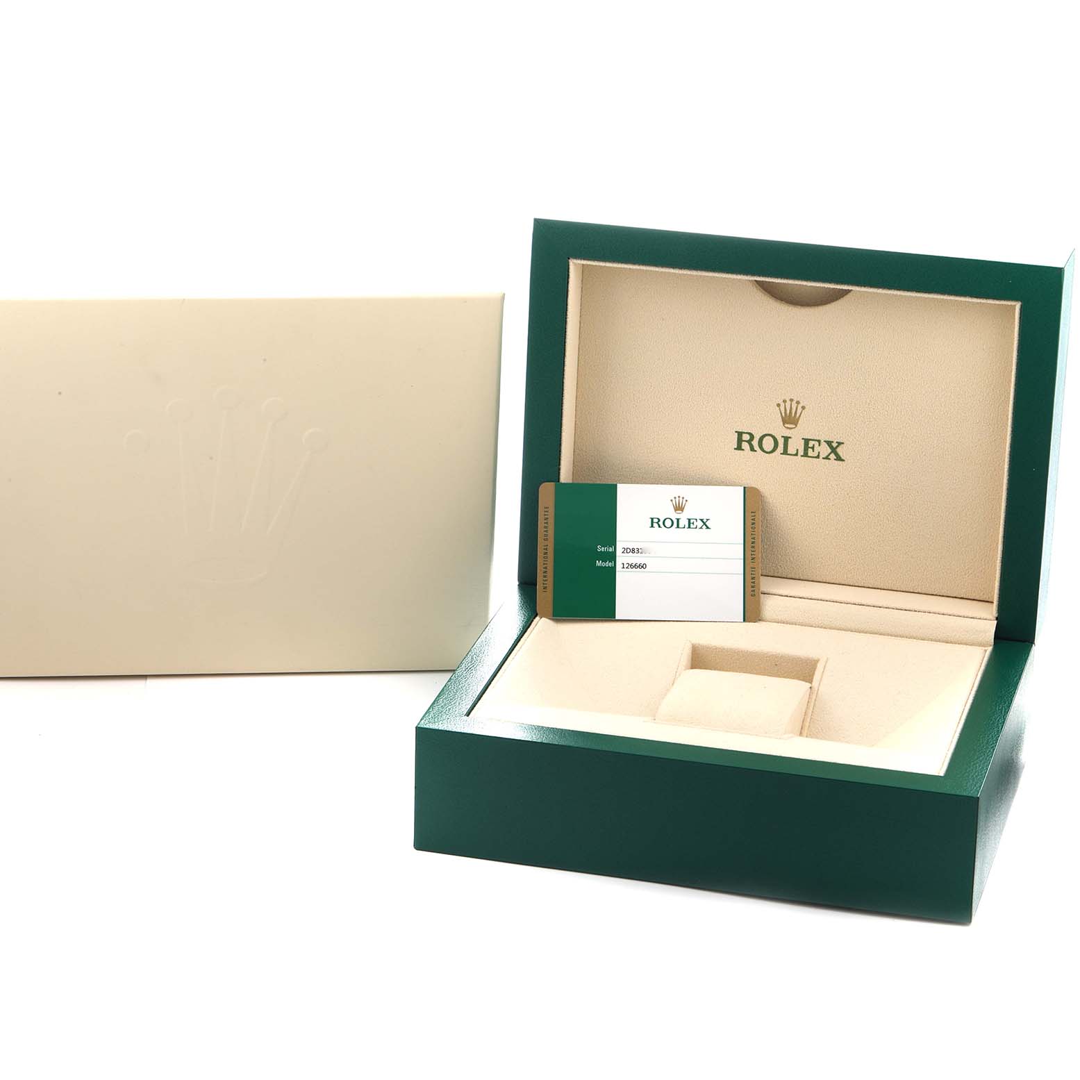 The image shows an open Rolex Sea-Dweller 126660 Men's Stainless Steel Blue Dial watch box at an angle with its warranty card visible inside.