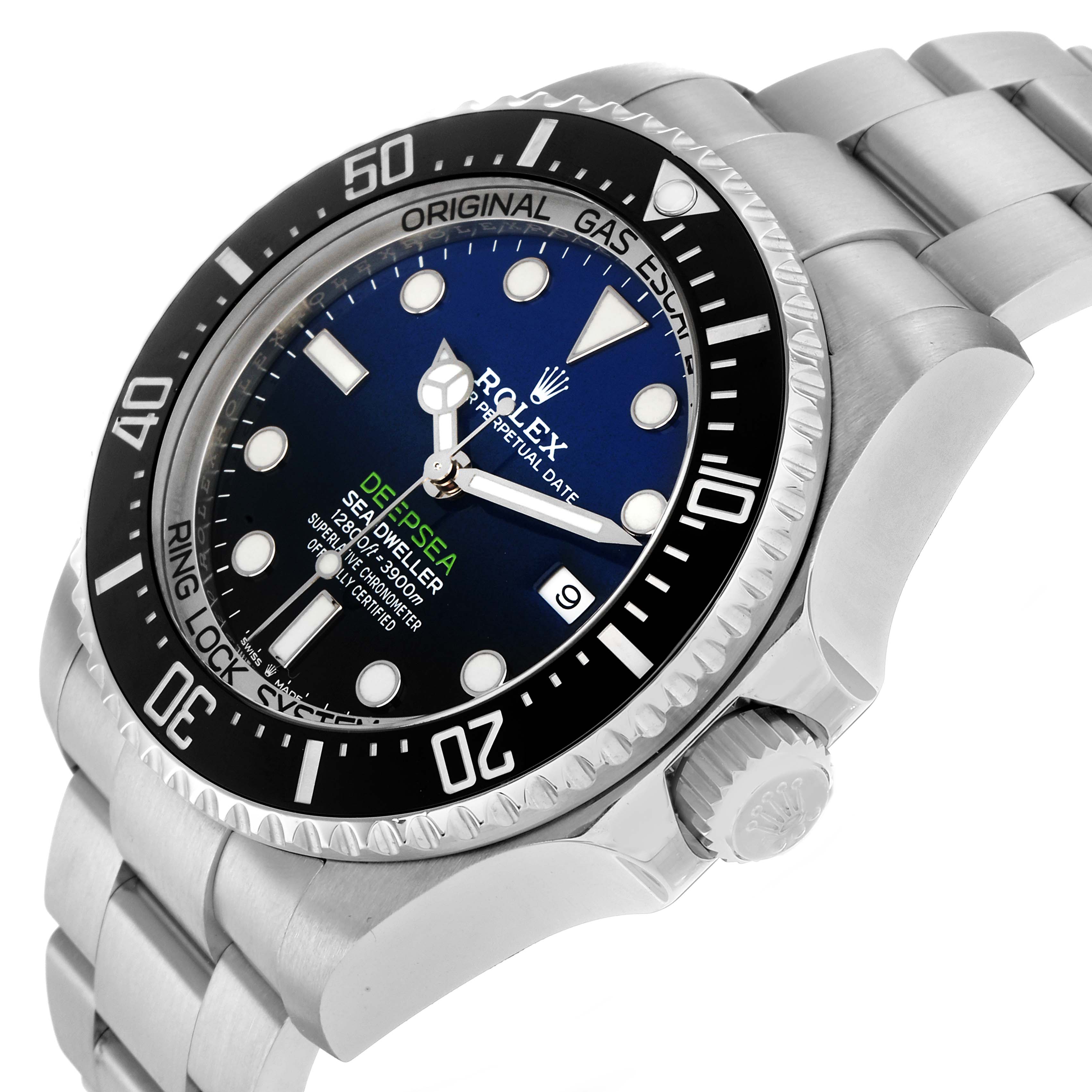 The Rolex Sea-Dweller 126660 Men's Stainless Steel Blue Dial watch is shown at a slight angle, highlighting the face, bezel, crown, and part of the bracelet.