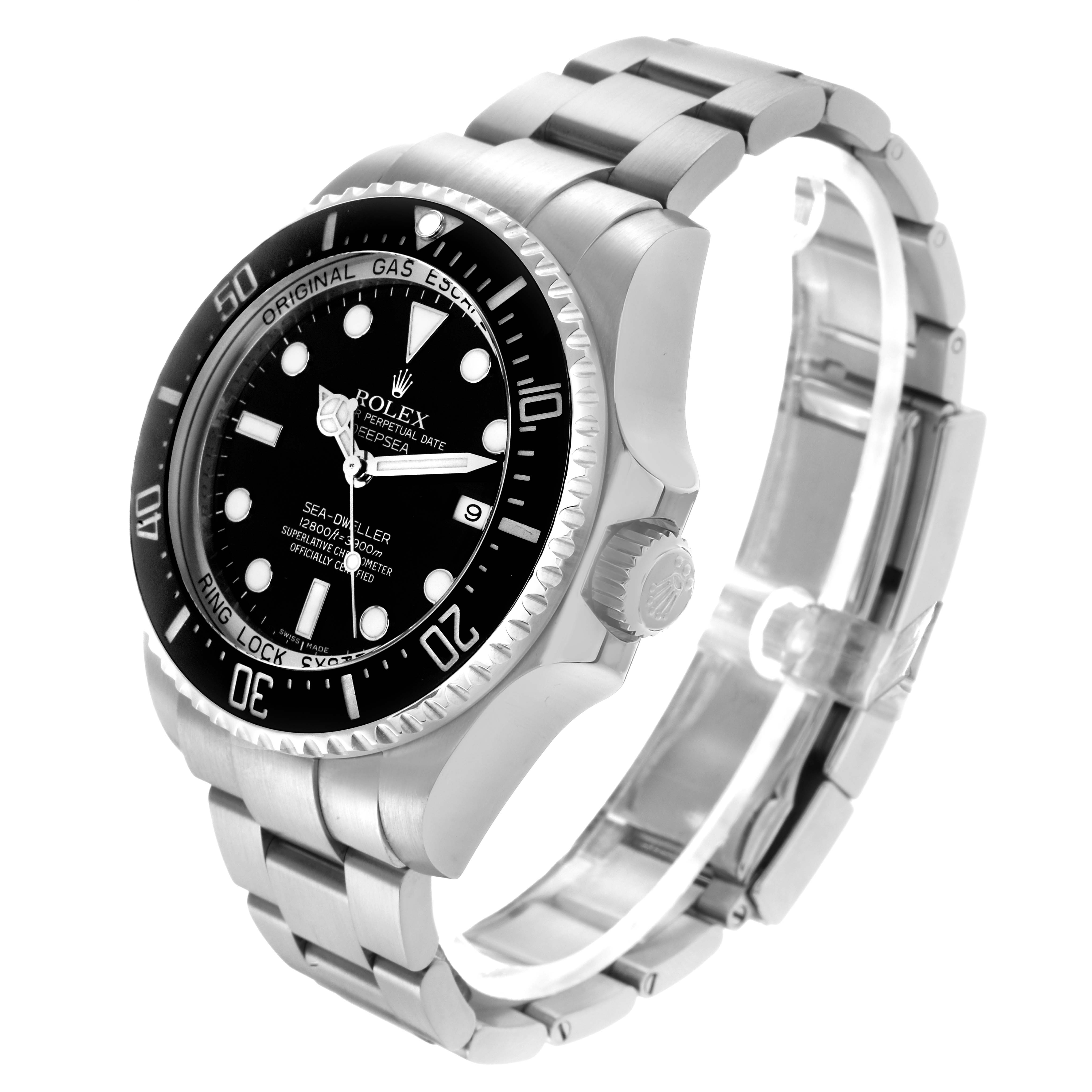 The Rolex Sea-Dweller 116660 Men
s Stainless Steel Black Dial watch is shown at a side angle, highlighting the case, bezel, dial, and bracelet.