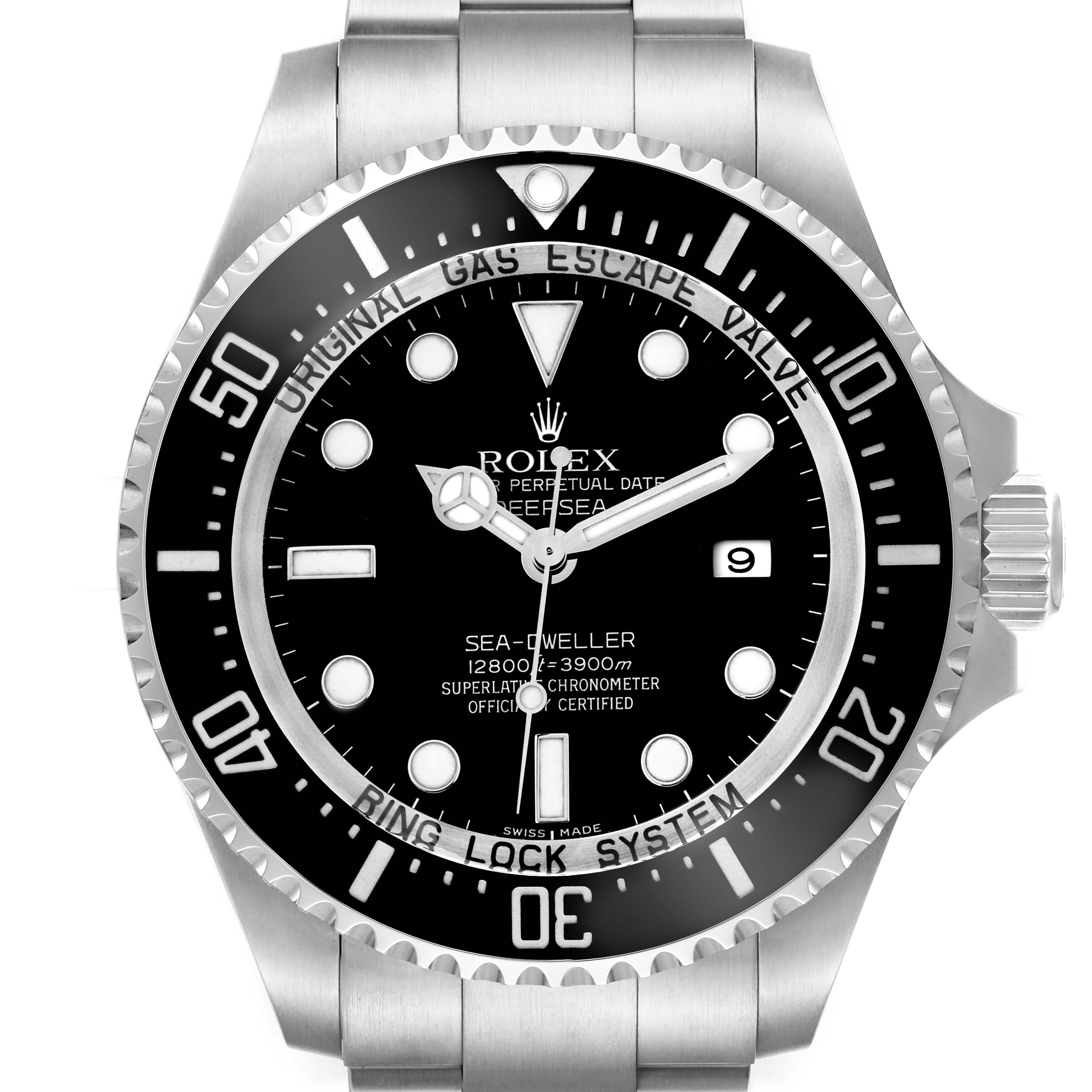 The Rolex Sea-Dweller 116660 Men
s Stainless Steel Black Dial watch is shown from the front, highlighting the dial, bezel, and part of the bracelet.