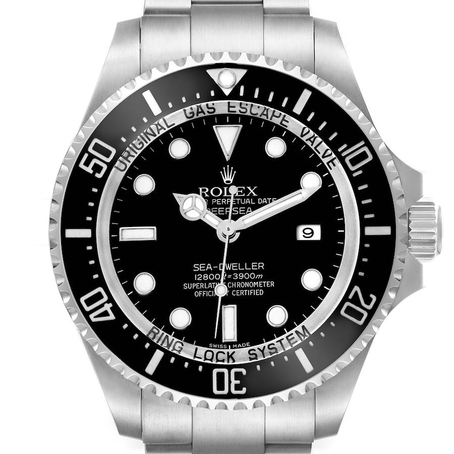 The Rolex Sea-Dweller 116660 Men
s Stainless Steel Black Dial watch is shown from the front, highlighting the dial, bezel, and part of the bracelet.