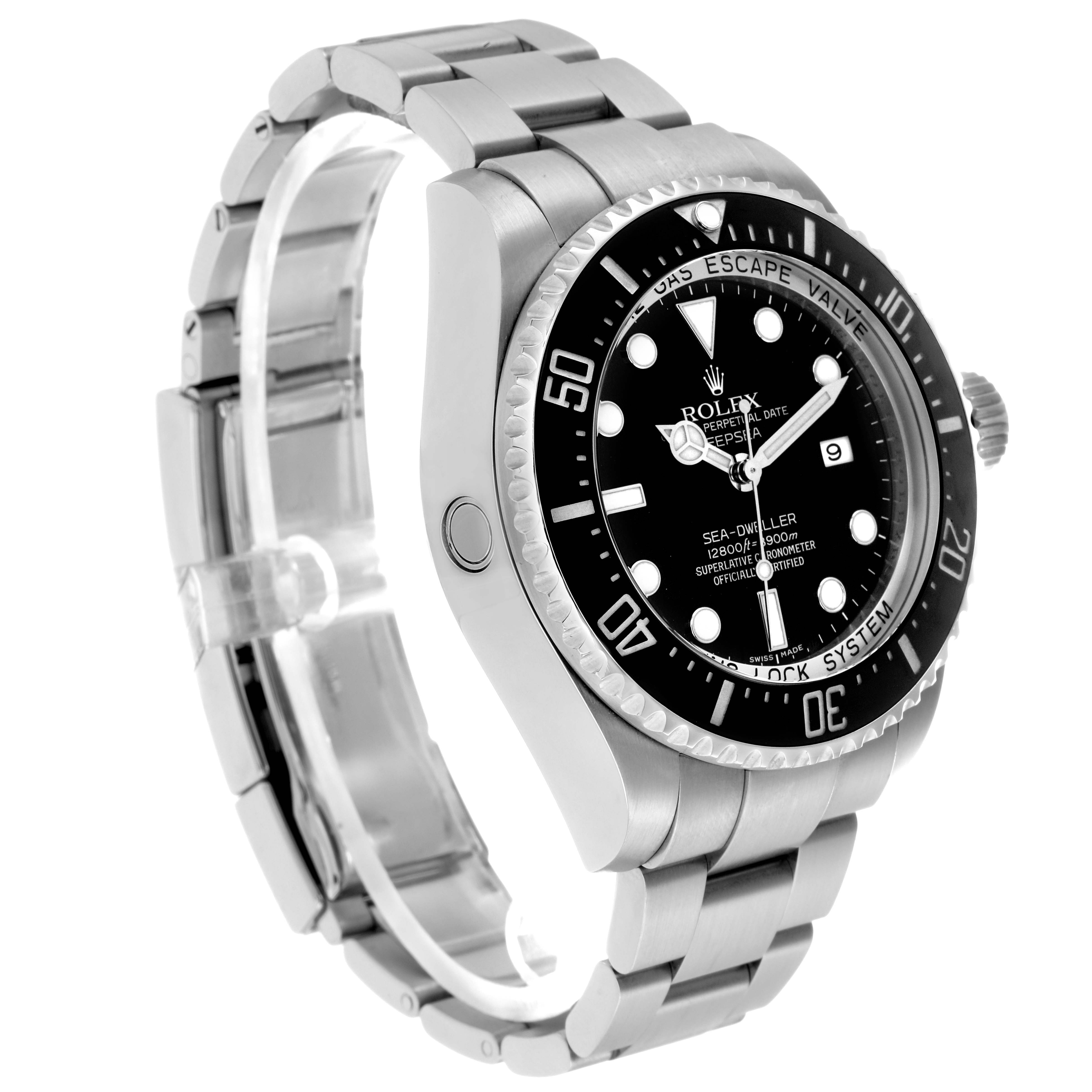 The Rolex Sea-Dweller 116660 Men
s Stainless Steel Black Dial watch is shown at a three-quarter angle, highlighting the dial, bezel, case, and bracelet.