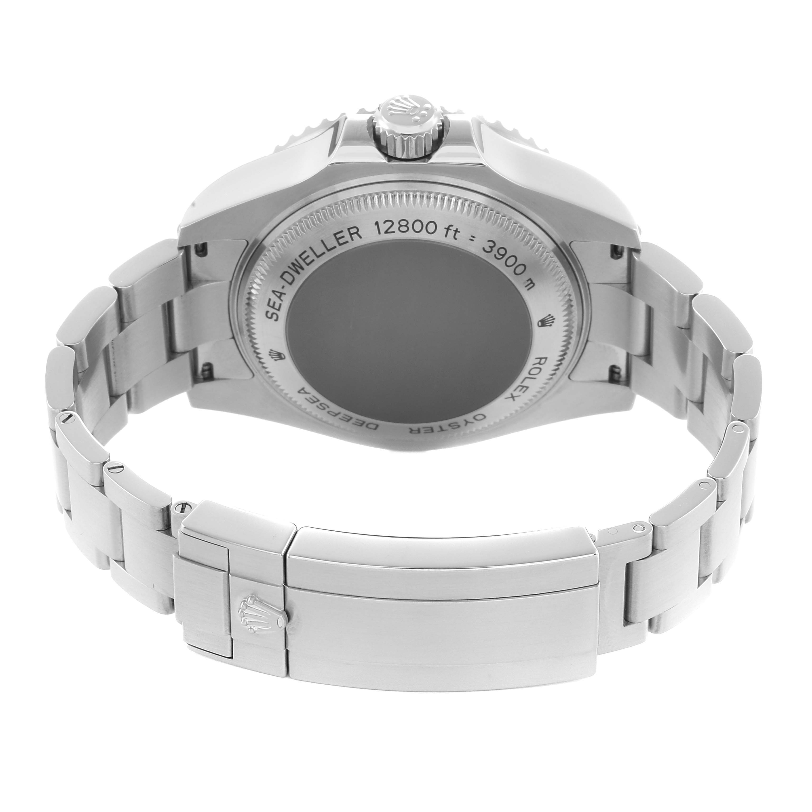 The Rolex Sea-Dweller 116660 Men
s Stainless Steel Black Dial is shown from the back, displaying the case back, crown, and bracelet buckle.