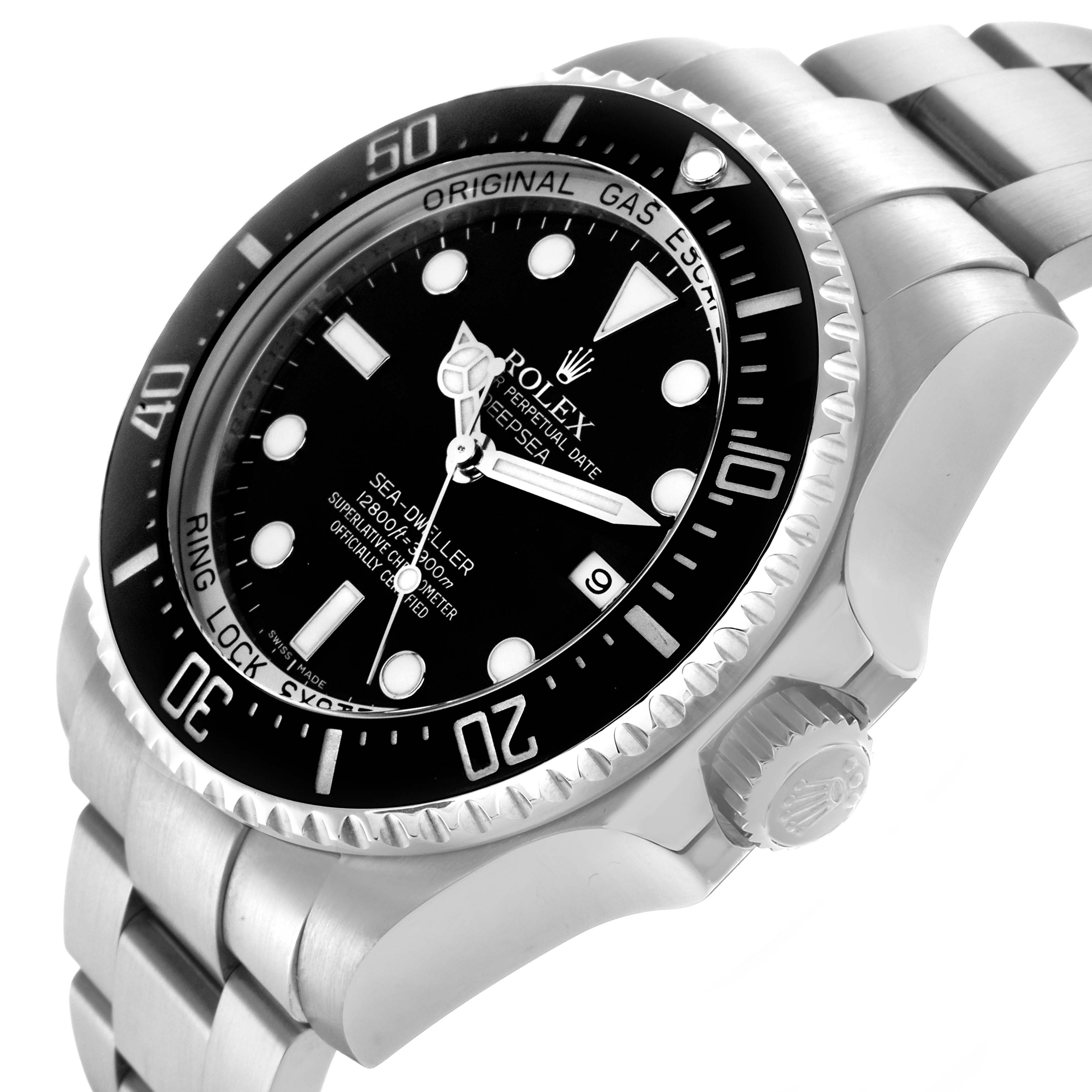 The Rolex Sea-Dweller 116660 Men
s Stainless Steel Black Dial watch is shown from an angled side view, highlighting the face, bezel, crown, and bracelet.