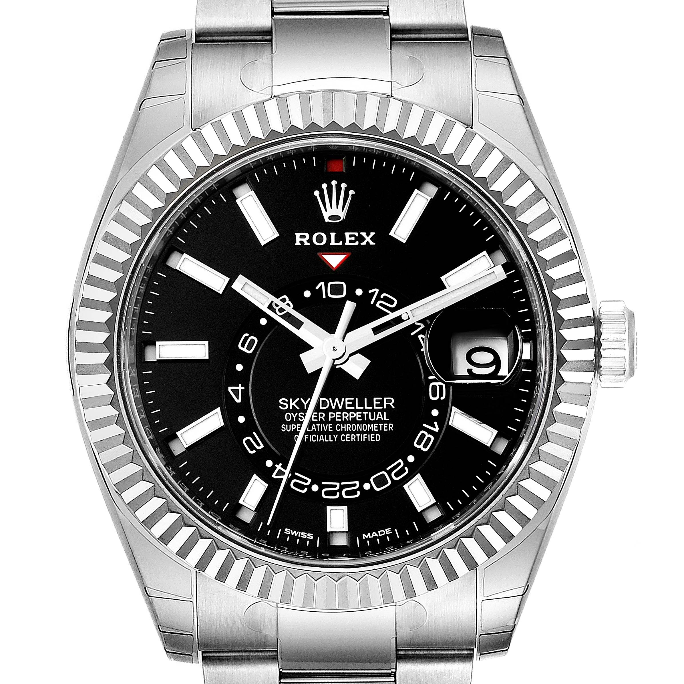 The Rolex Sky-Dweller 326934 Men's Stainless Steel Black Dial 326934 Men's Stainless Steel Black Dial watch is shown from the front, displaying the dial, bezel, crown, and part of the bracelet.