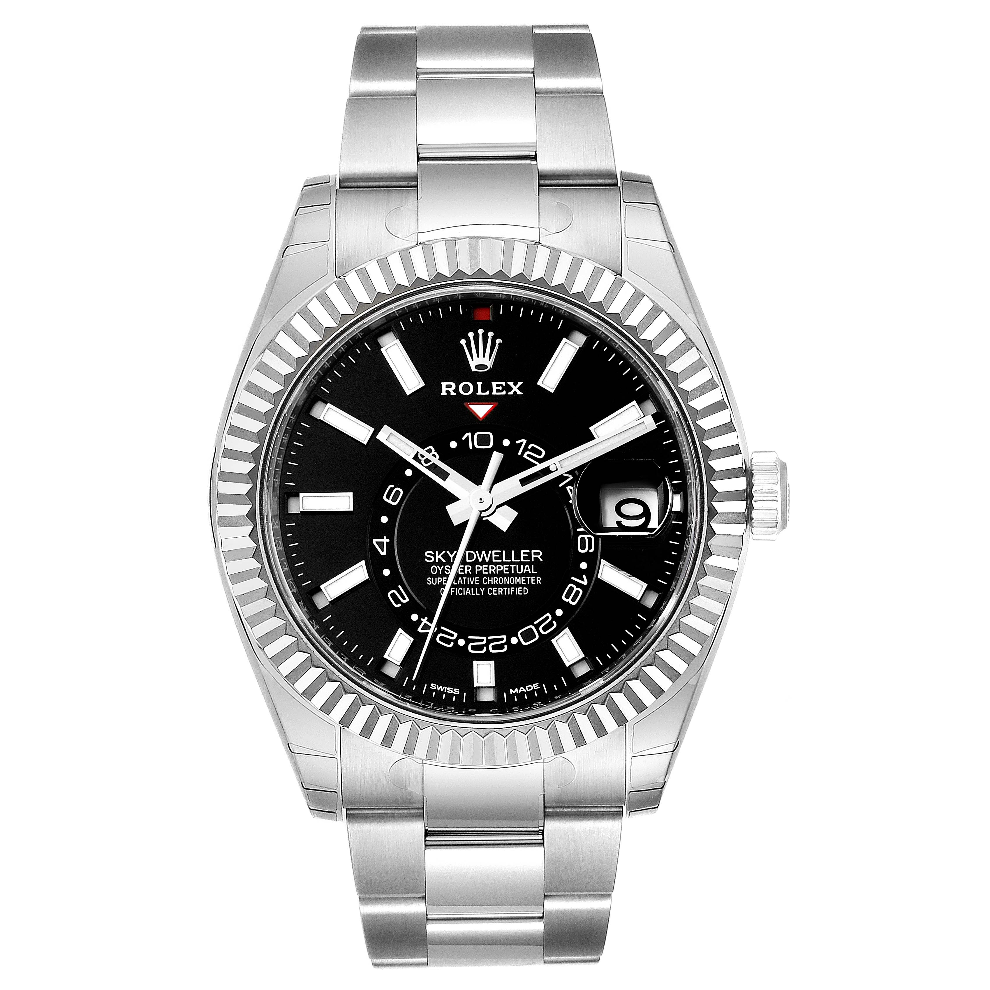 The image shows a frontal view of the Rolex Sky-Dweller 326934 Men's Stainless Steel Black Dial 326934 Men's Stainless Steel Black Dial watch, highlighting its dial, bezel, and bracelet.