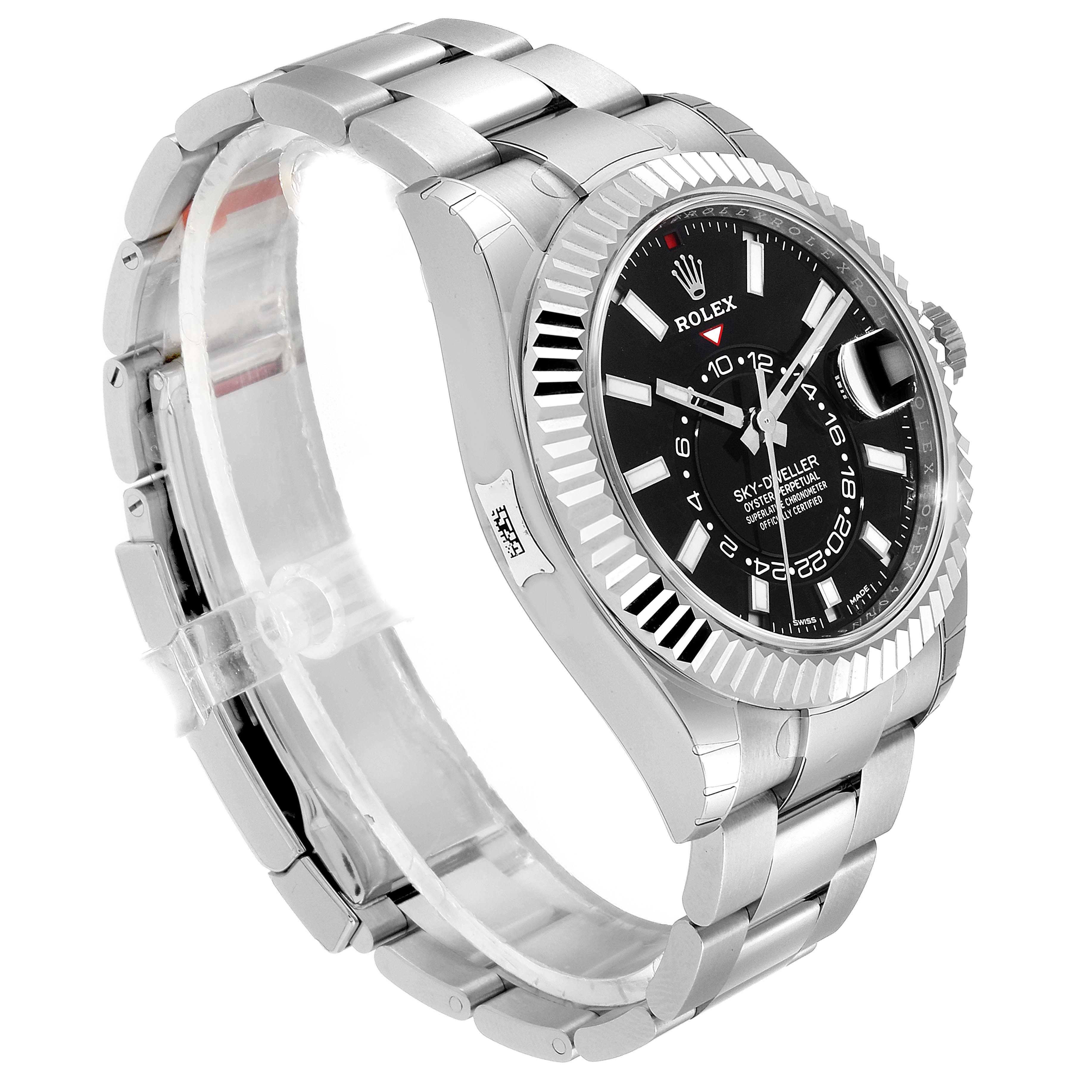 The image shows a Rolex Sky-Dweller 326934 Men's Stainless Steel Black Dial 326934 Men's Stainless Steel Black Dial watch angled to display the face, bezel, crown, and bracelet.