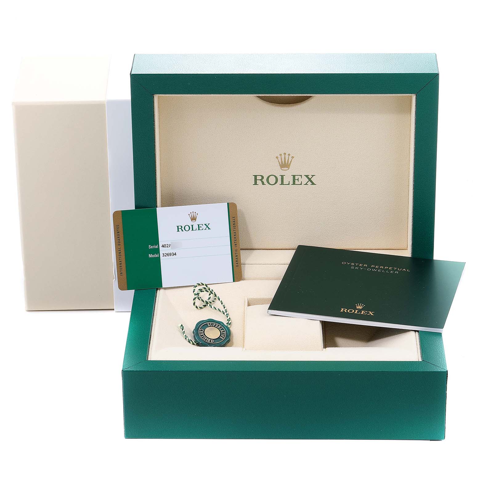 The image shows the packaging, warranty card, and manual for the Rolex Sky-Dweller 326934 Men's Stainless Steel Black Dial 326934 Men's Stainless Steel Black Dial watch.