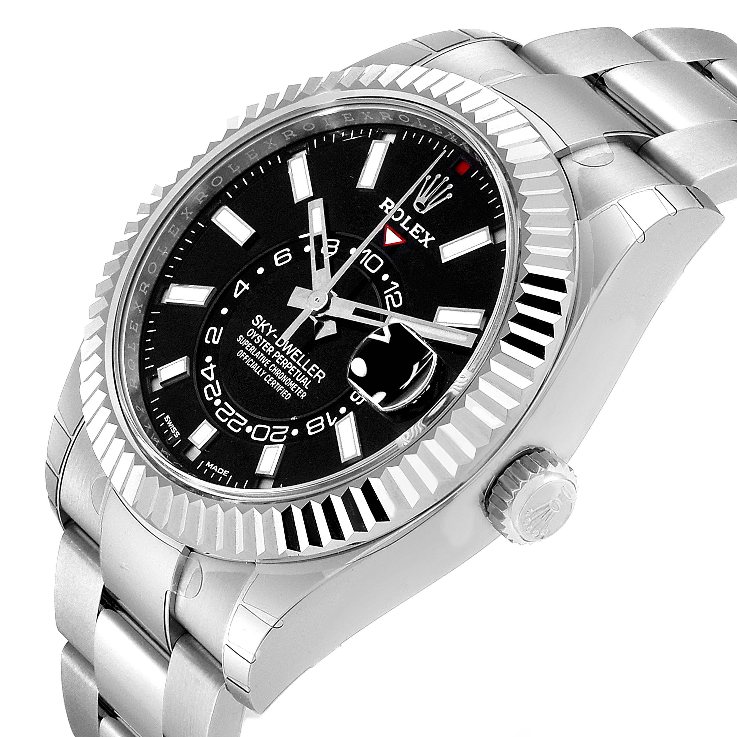 The image displays a Rolex Sky-Dweller 326934 Men's Stainless Steel Black Dial 326934 Men's Stainless Steel Black Dial watch at an angled close-up, showcasing the bezel, dial, and bracelet.