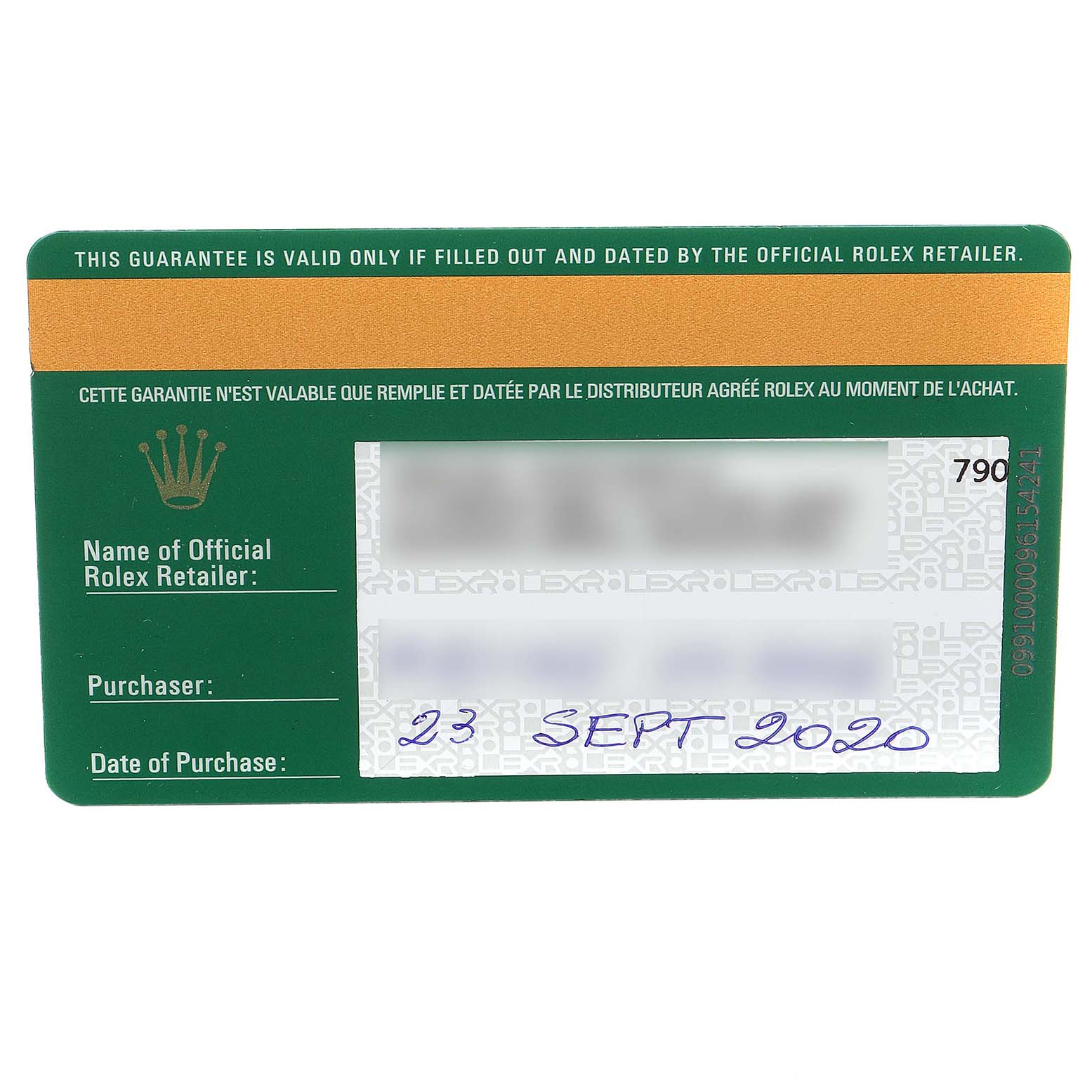 This image shows a warranty card for a Rolex Sky-Dweller 326934 Men's Stainless Steel Black Dial 326934 Men's Stainless Steel Black Dial model, highlighting the purchase date and retailer information.