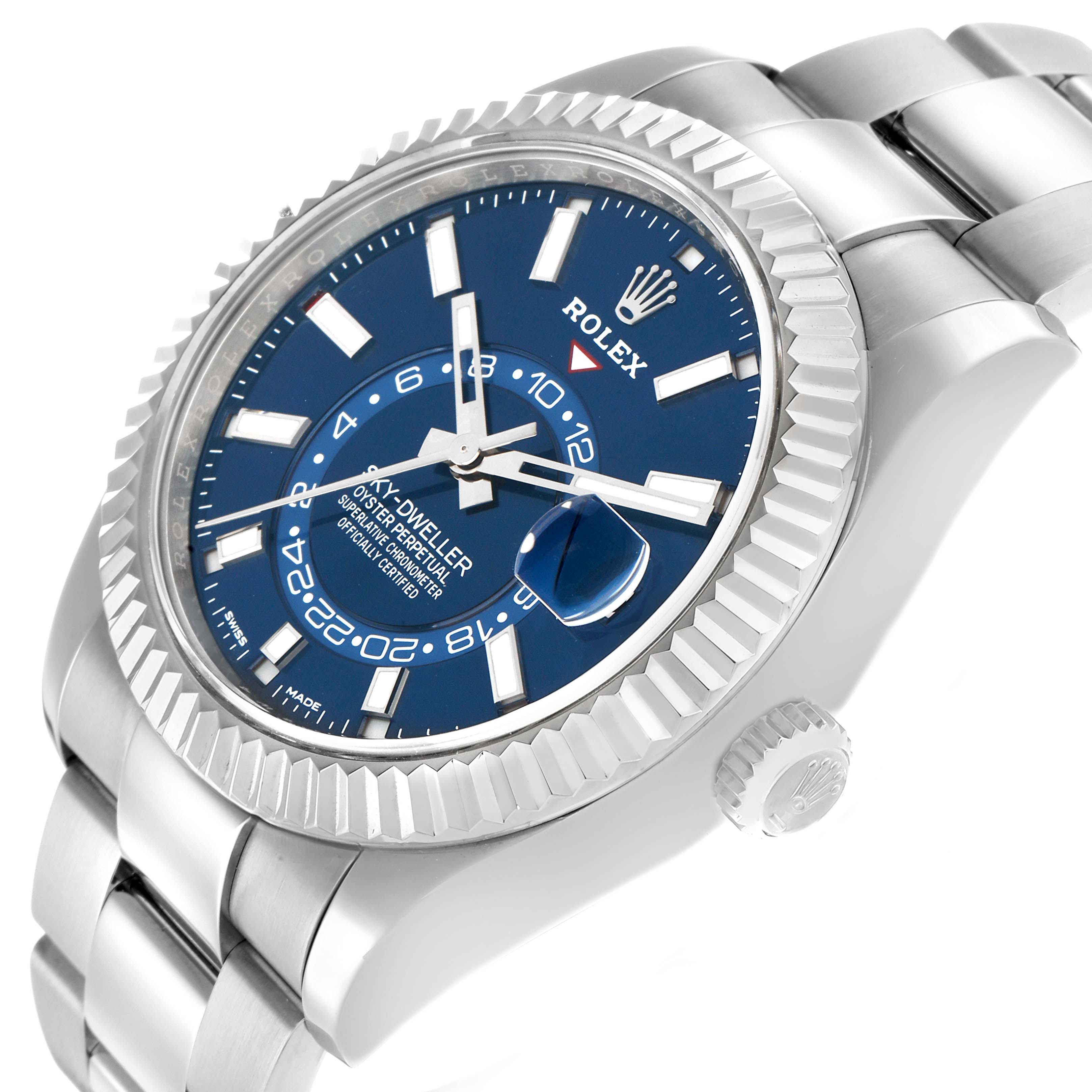 The Rolex Sky-Dweller 326934 Men
s Stainless Steel Blue Dial watch is shown at an angle highlighting the blue dial, bezel, crown, and part of the bracelet.