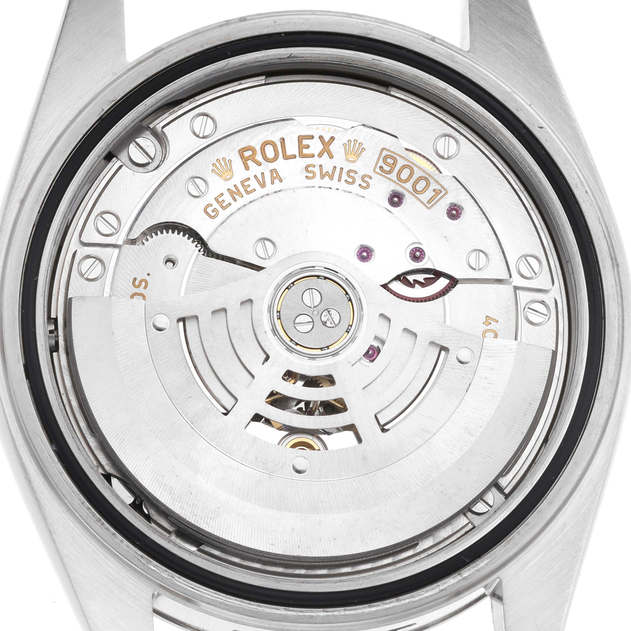 The image shows the back view of a Rolex Sky-Dweller 326934 Men
s Stainless Steel Blue Dial, highlighting its intricate mechanical movement.