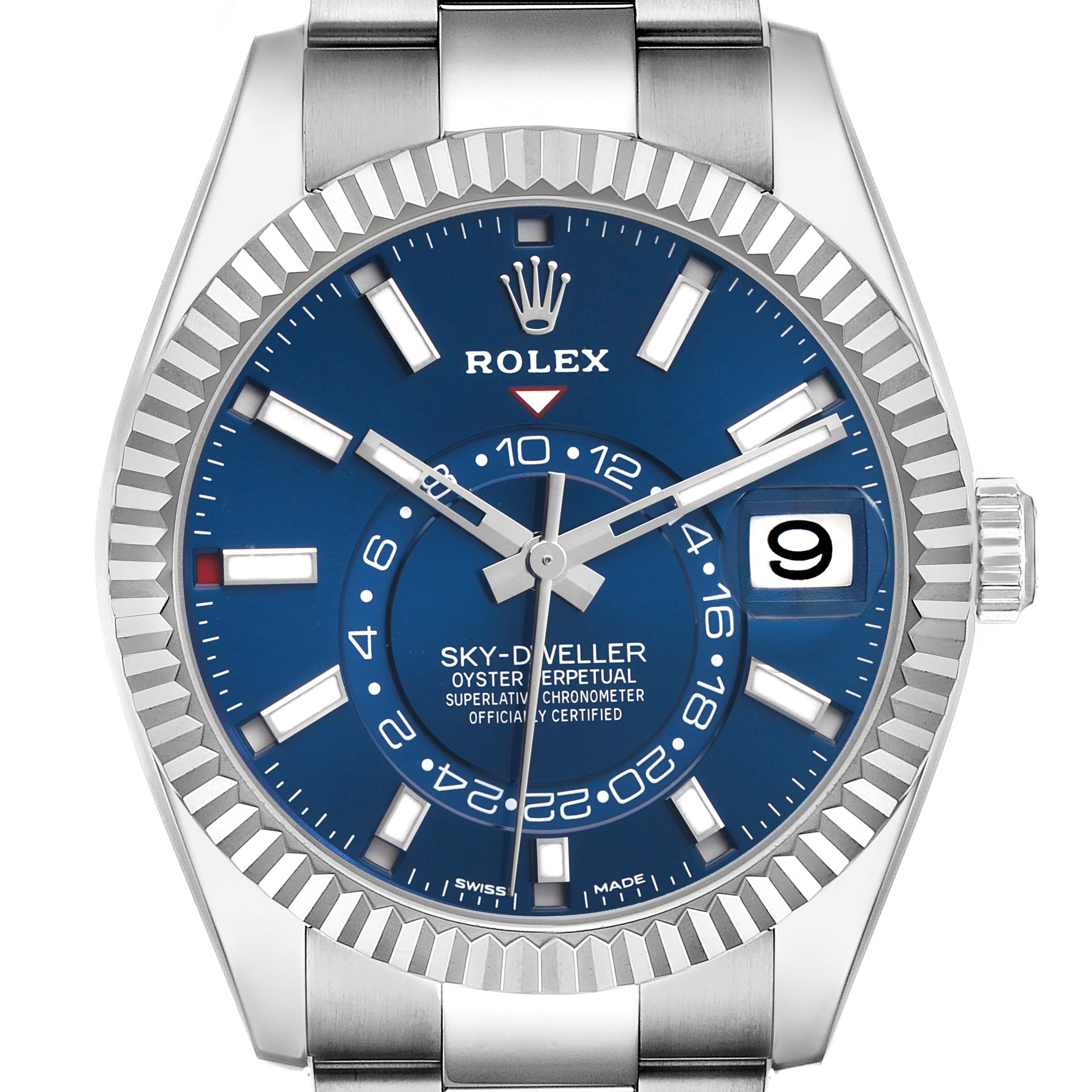 The Rolex Sky-Dweller 326934 Men
s Stainless Steel Blue Dial watch is shown front-facing, displaying the dial, bezel, crown, and part of the bracelet.