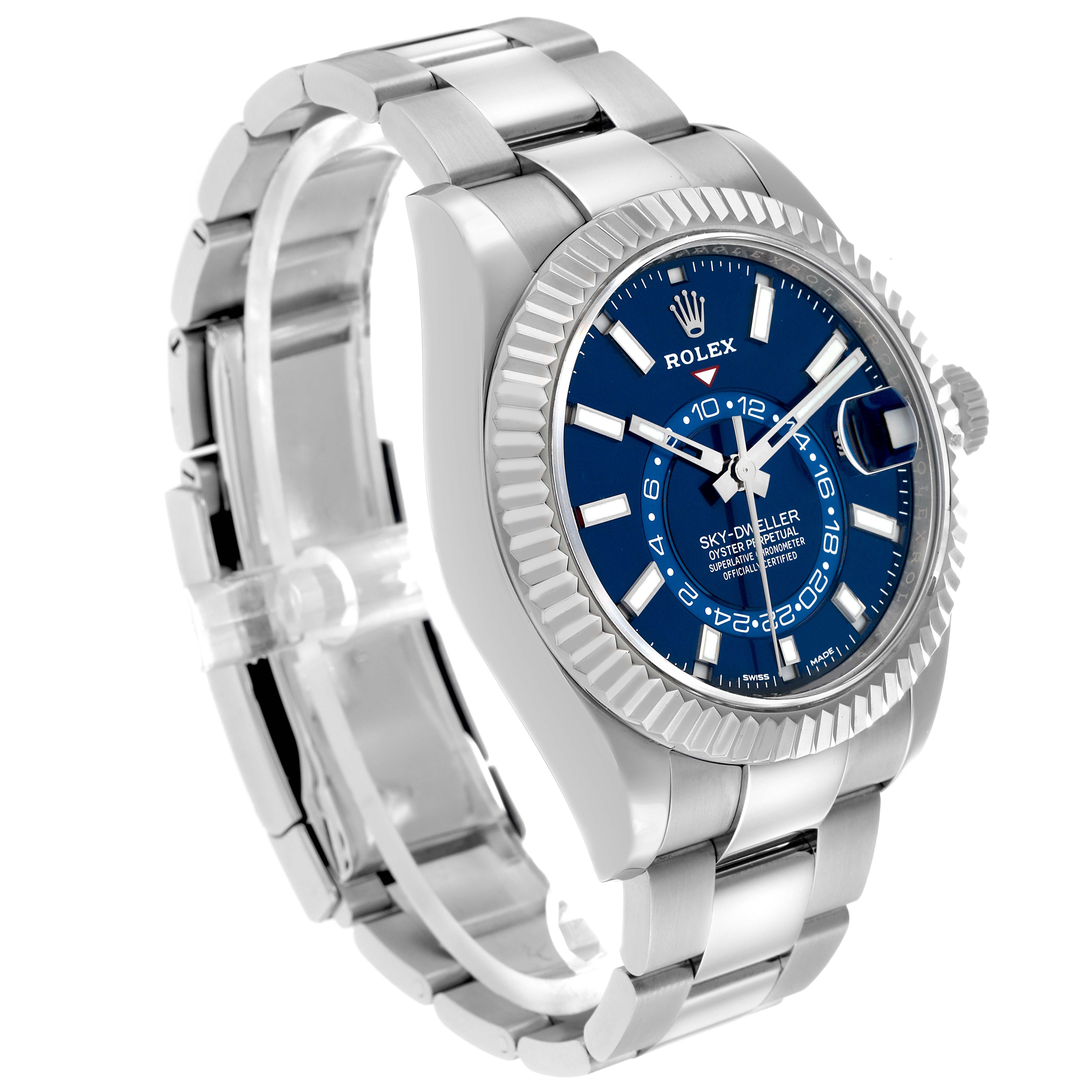 The Rolex Sky-Dweller 326934 Men
s Stainless Steel Blue Dial watch is shown at a three-quarter angle, displaying its blue dial, bezel, case, and bracelet.