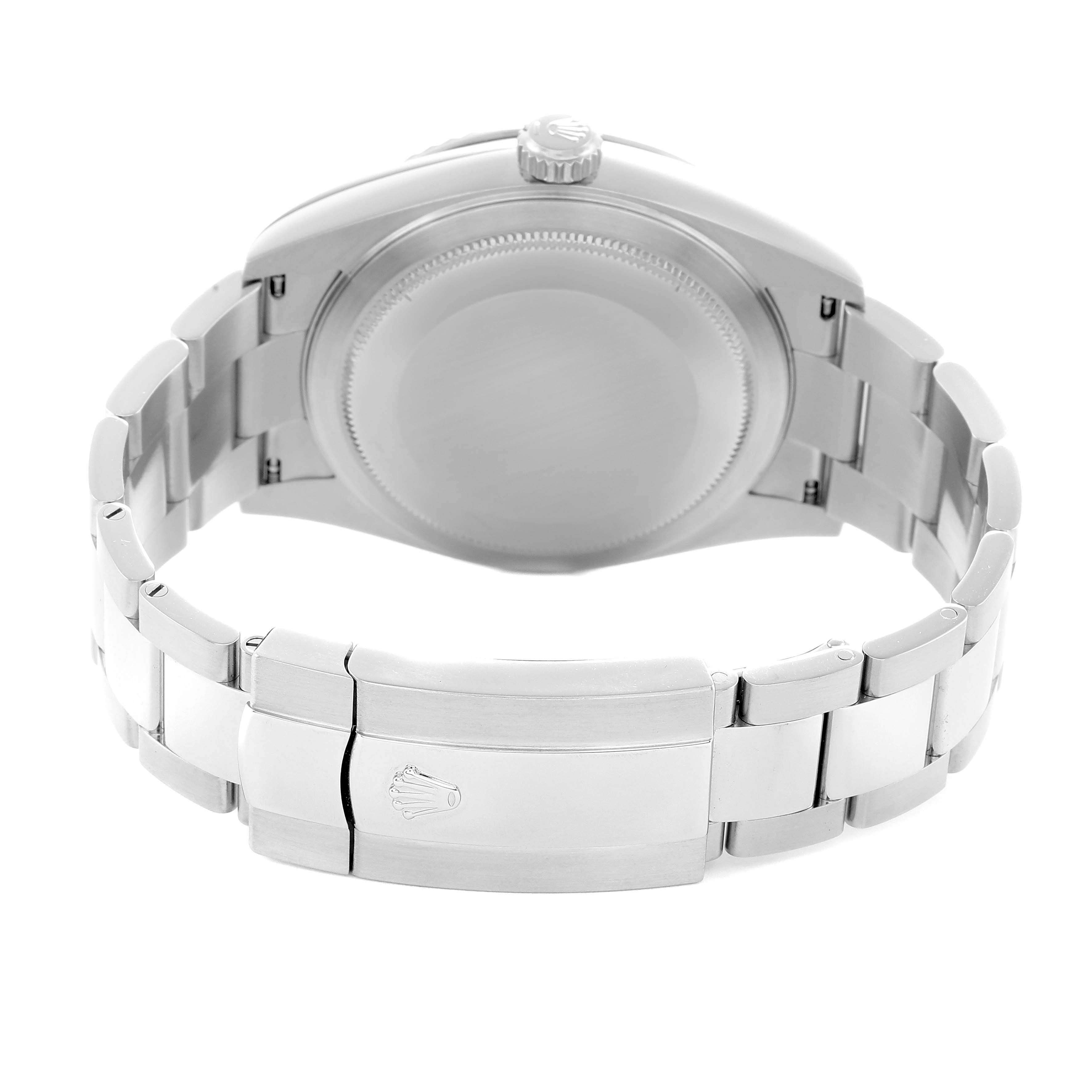 The Rolex Sky-Dweller 326934 Men
s Stainless Steel Blue Dial watch is shown from the back, highlighting its clasp, bracelet, and closed case back.