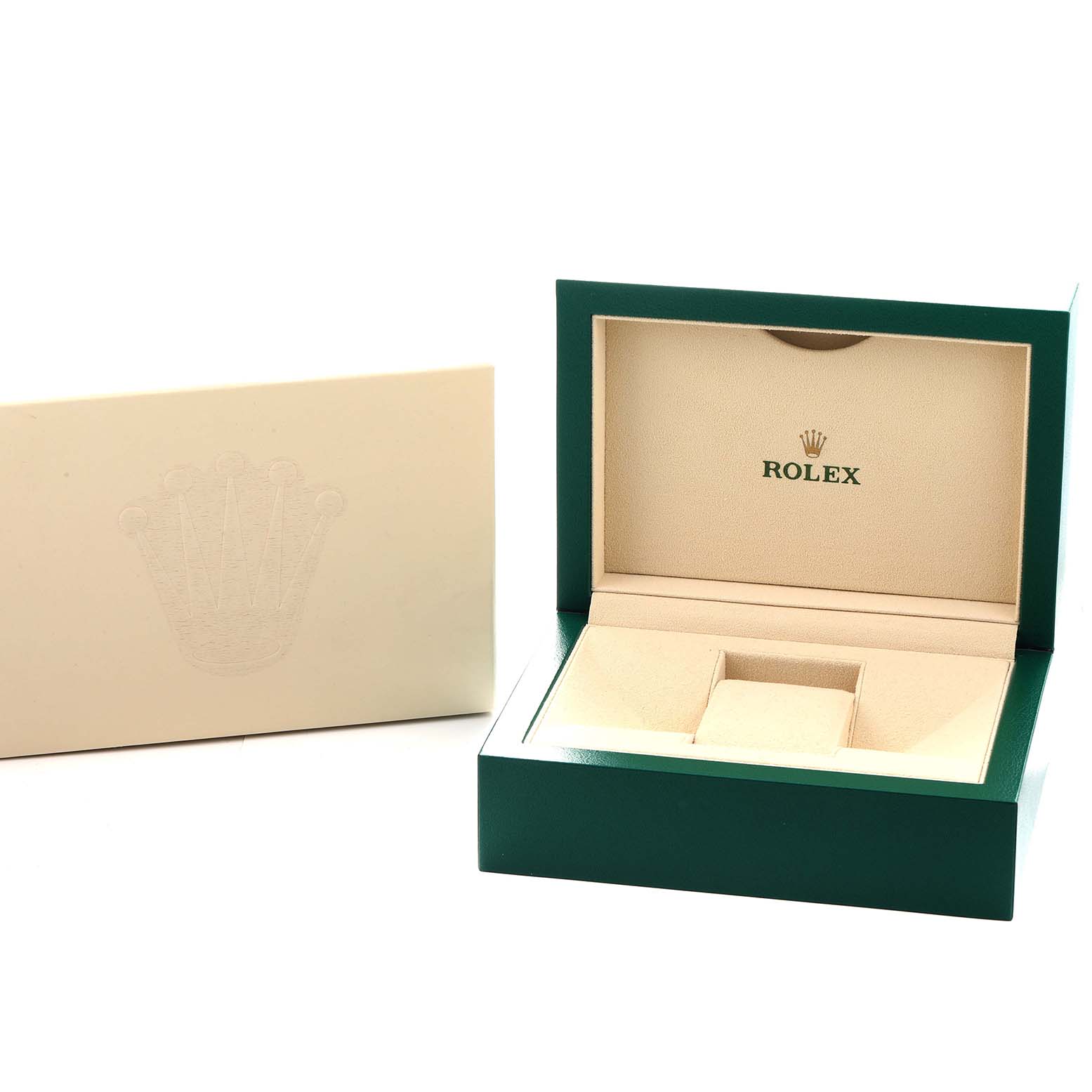 The image shows a Rolex Sky-Dweller 326934 Men
s Stainless Steel Blue Dial watch box and cover, open to display the interior compartments.