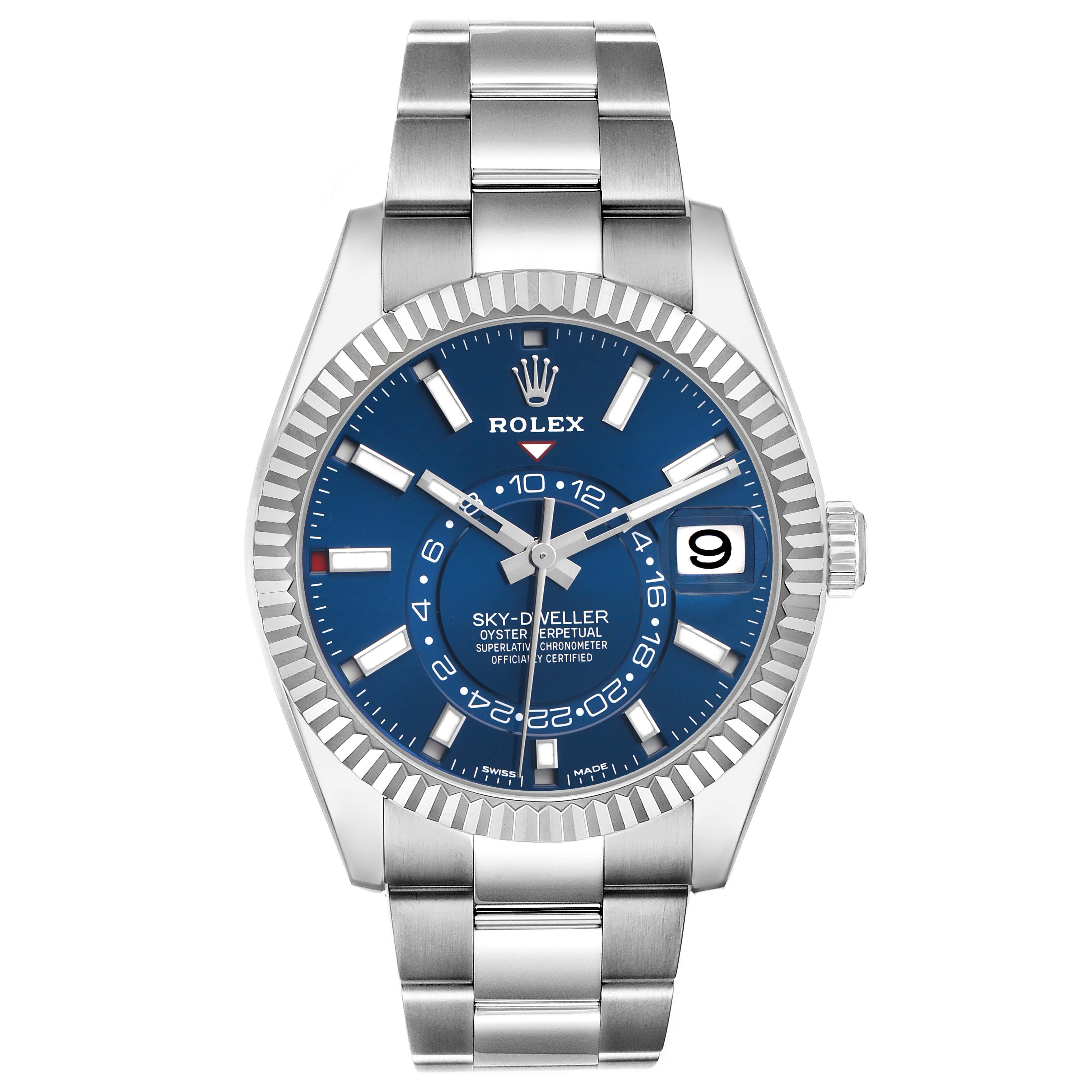 The Rolex Sky-Dweller 326934 Men
s Stainless Steel Blue Dial watch is shown from the front, highlighting its blue dial, bezel, and bracelet.