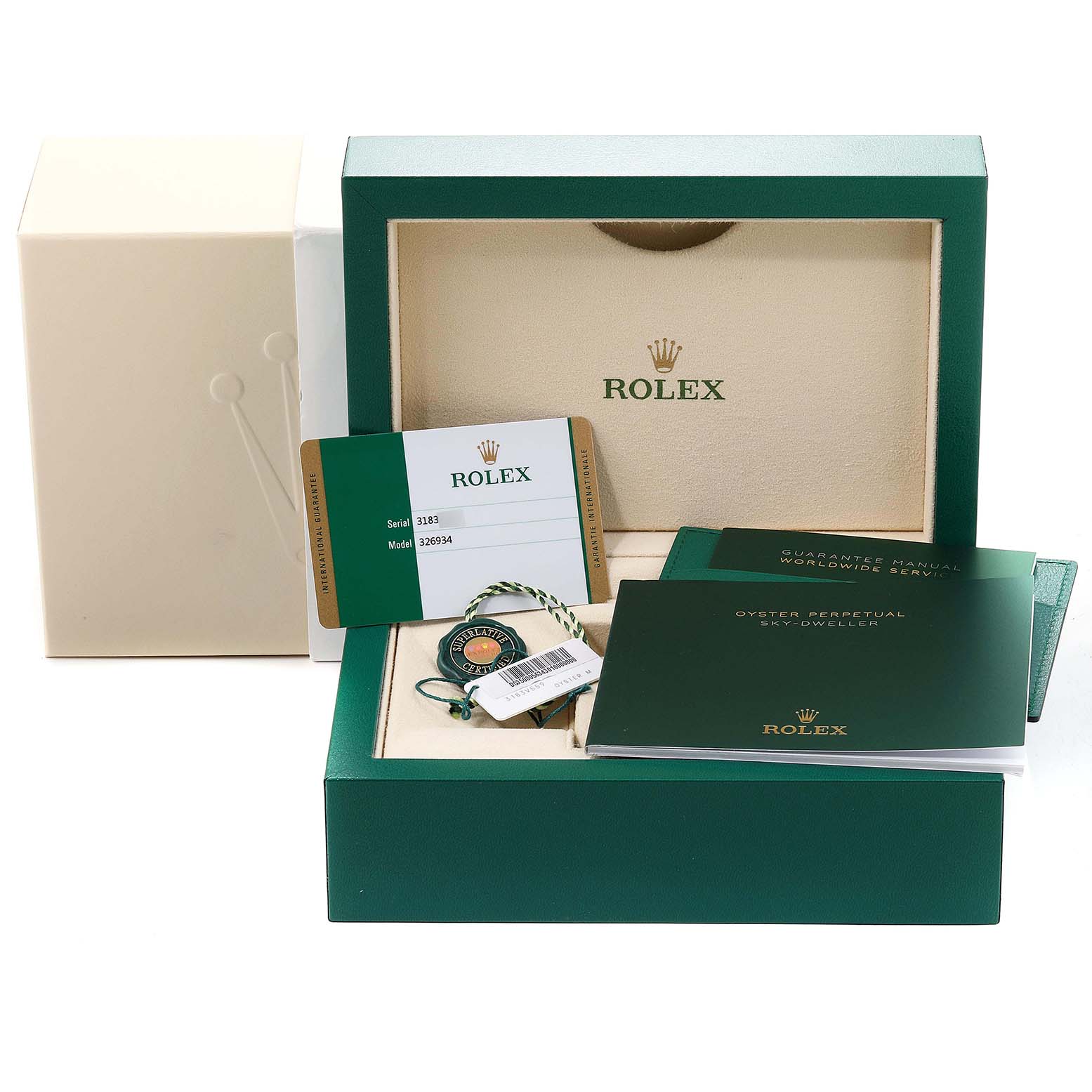 The image shows packaging and accessories for a Rolex Sky-Dweller 326934 Men's Stainless Steel Blue Dial 326934 Men's Stainless Steel Blue Dial watch, including the box, manuals, warranty card, and tags.
