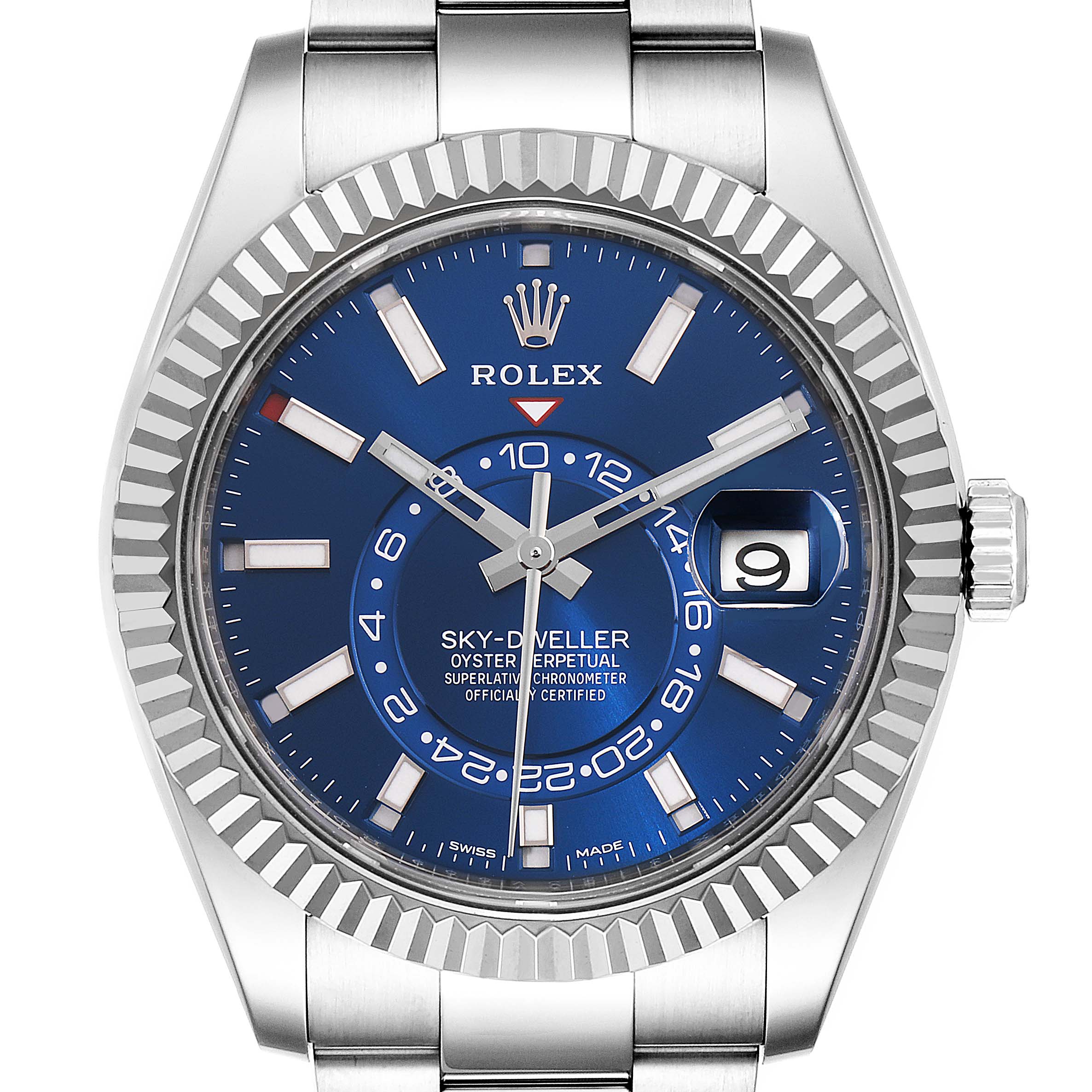 The Rolex Sky-Dweller 326934 Men's Stainless Steel Blue Dial 326934 Men's Stainless Steel Blue Dial watch is shown from a front angle, highlighting its blue dial, date display, and stainless steel bracelet.