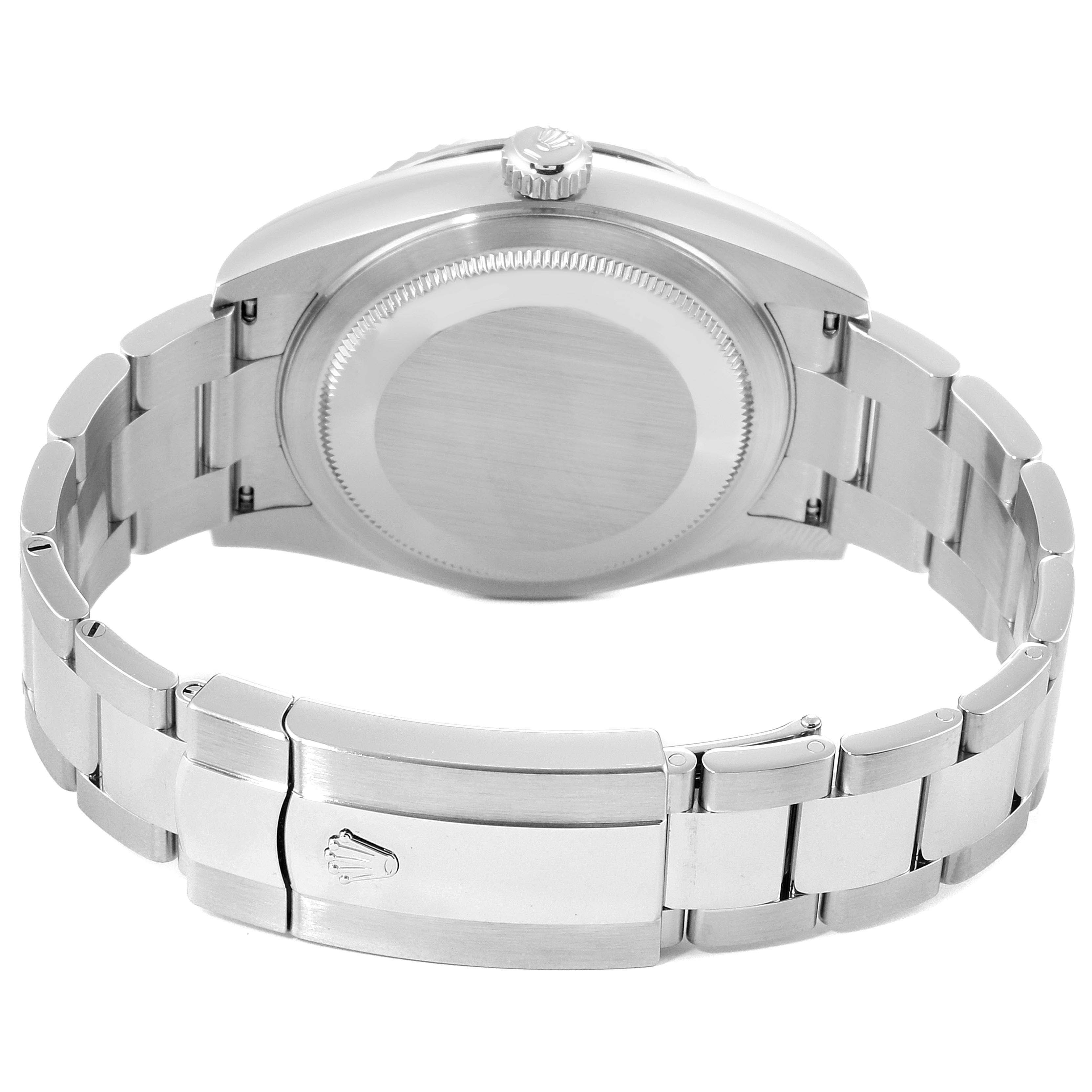 The image shows the back of the Rolex Sky-Dweller 326934 Men's Stainless Steel Blue Dial 326934 Men's Stainless Steel Blue Dial watch, focusing on the case back, bracelet, and clasp with the Rolex logo.