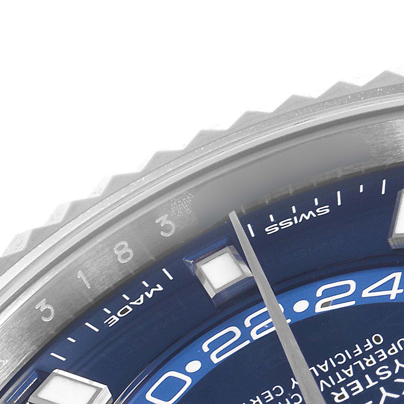 This image shows a close-up of the bezel and dial of a Rolex Sky-Dweller 326934 Men's Stainless Steel Blue Dial 326934 Men's Stainless Steel Blue Dial, highlighting numerals and markers.
