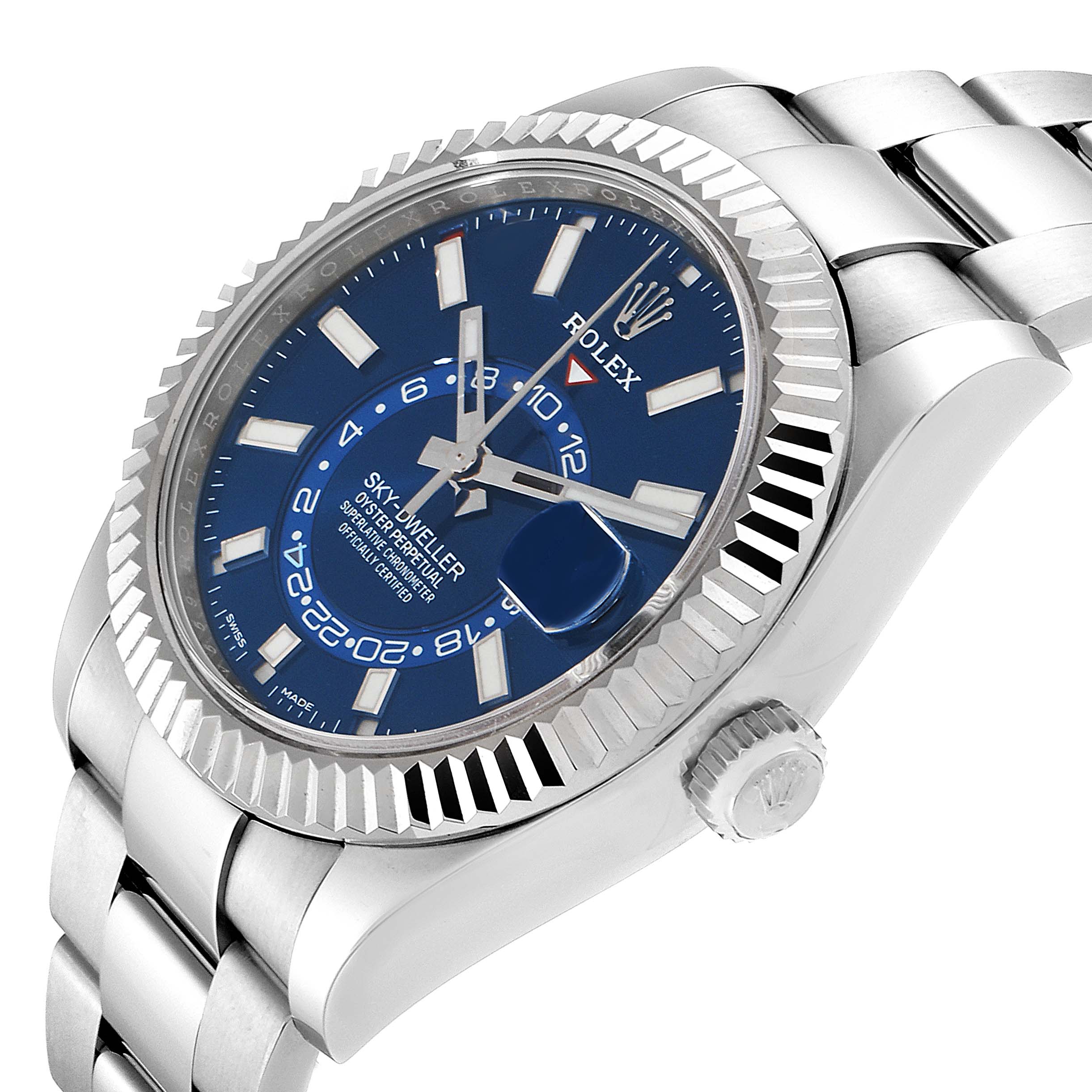 This image shows the face, crown, and bracelet of the Rolex Sky-Dweller 326934 Men's Stainless Steel Blue Dial 326934 Men's Stainless Steel Blue Dial model, viewed at a slight angle.