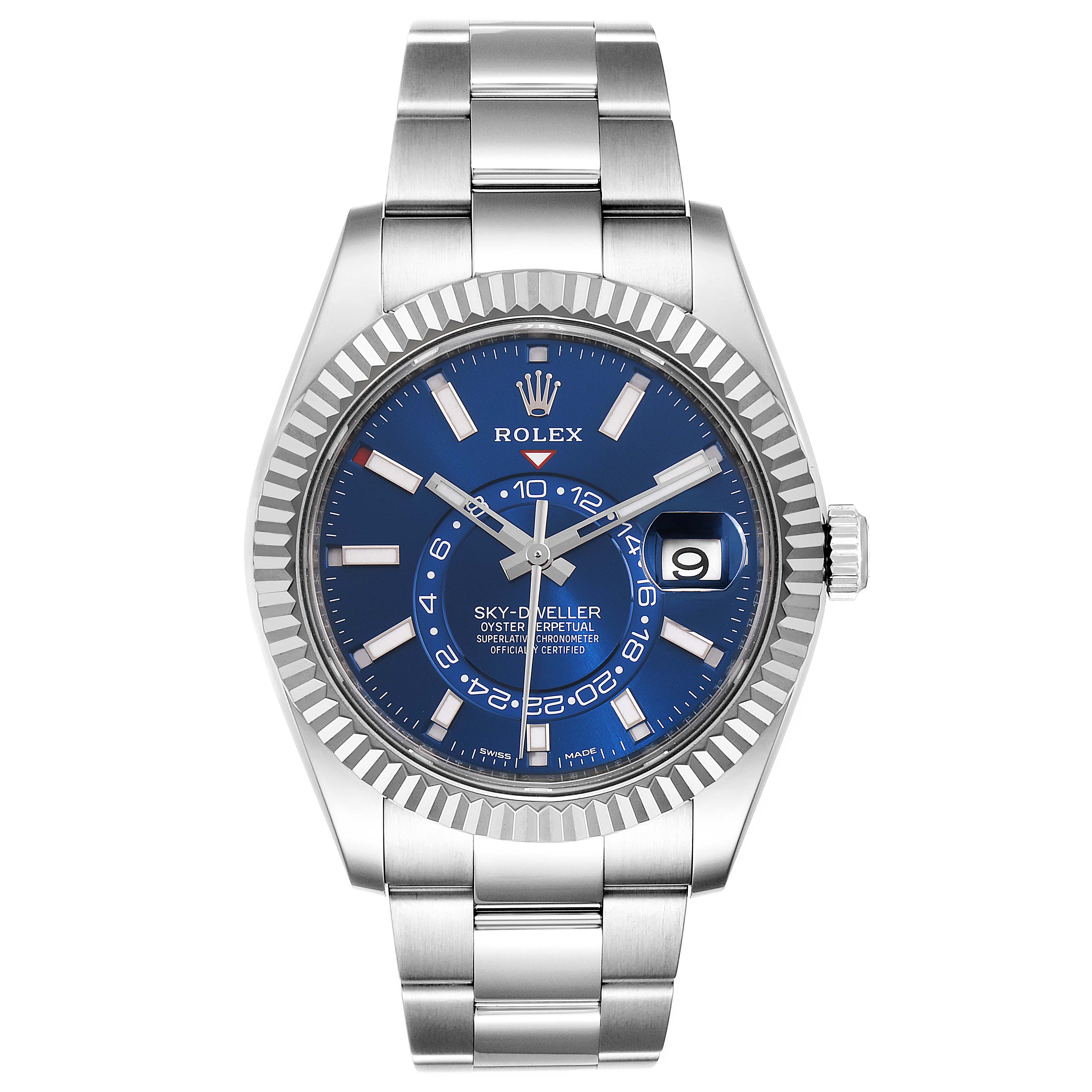 The image shows a front view of a Rolex Sky-Dweller 326934 Men's Stainless Steel Blue Dial 326934 Men's Stainless Steel Blue Dial watch with a blue dial and a stainless steel bracelet.