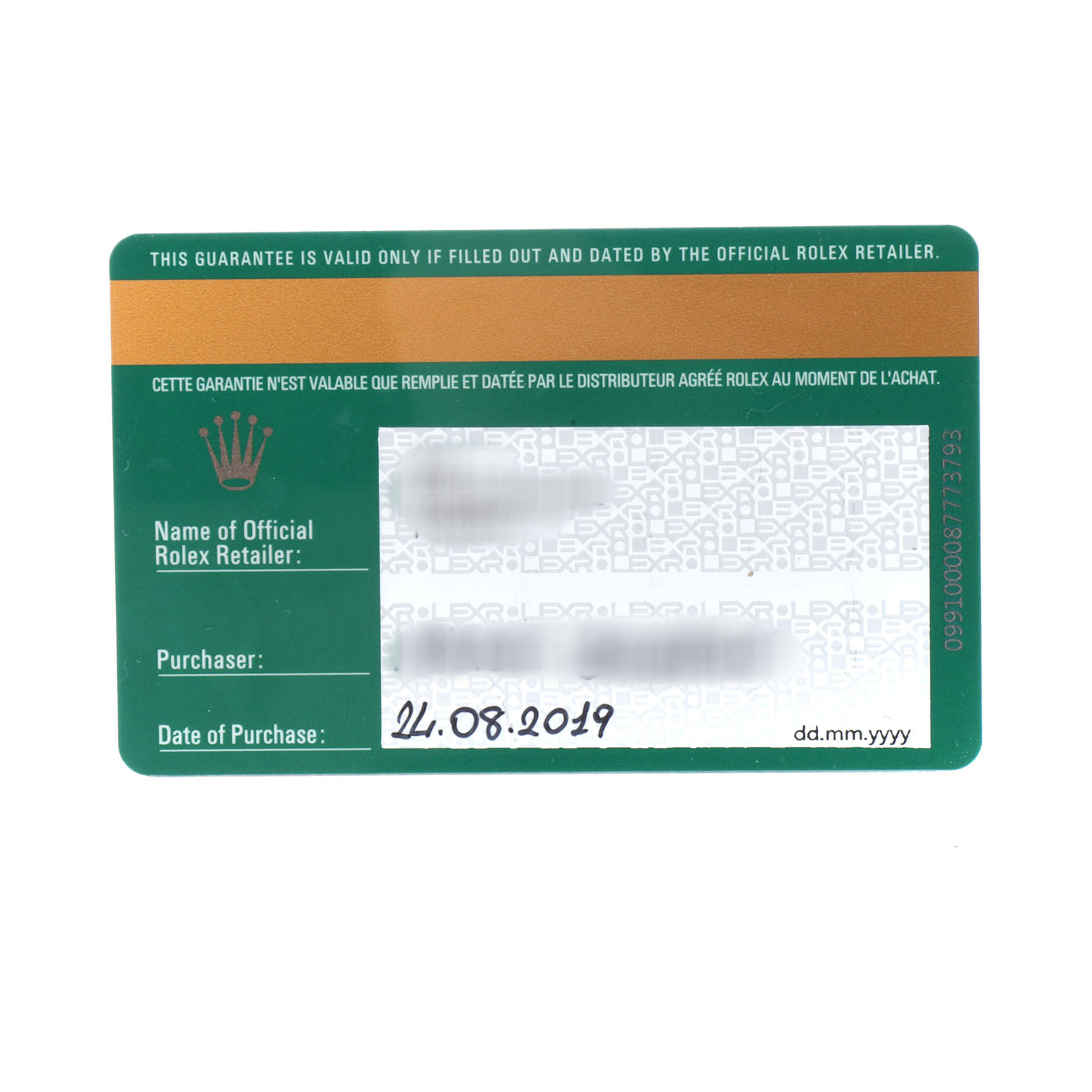 This image shows a Rolex Sky-Dweller 326934 Men's Stainless Steel Blue Dial guarantee card from a top-down angle.