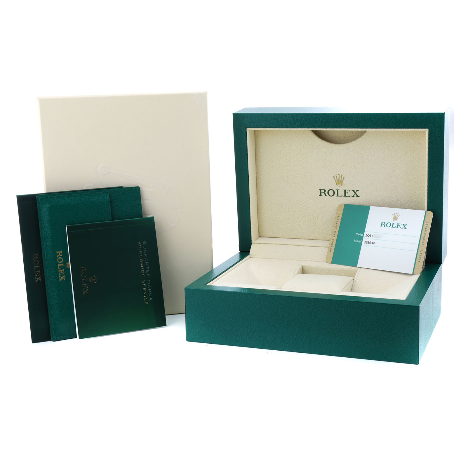 The image shows the packaging and accessories for the Rolex Sky-Dweller 326934 Men's Stainless Steel Blue Dial, including the box, warranty card, and booklets.