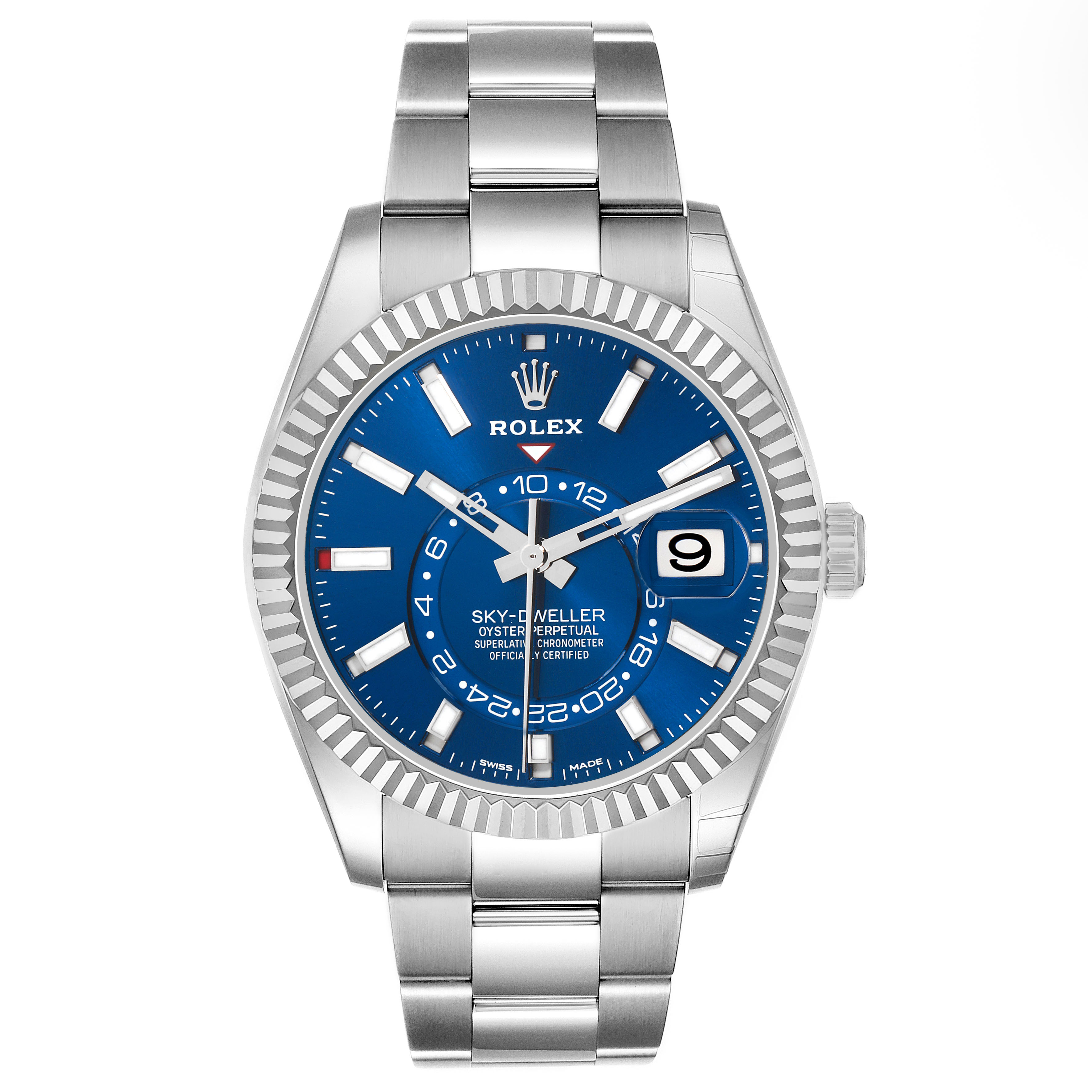 The Rolex Sky-Dweller 326934 Men's Stainless Steel Blue Dial watch is shown from the front, displaying its blue dial, bezel, bracelet, and crown.
