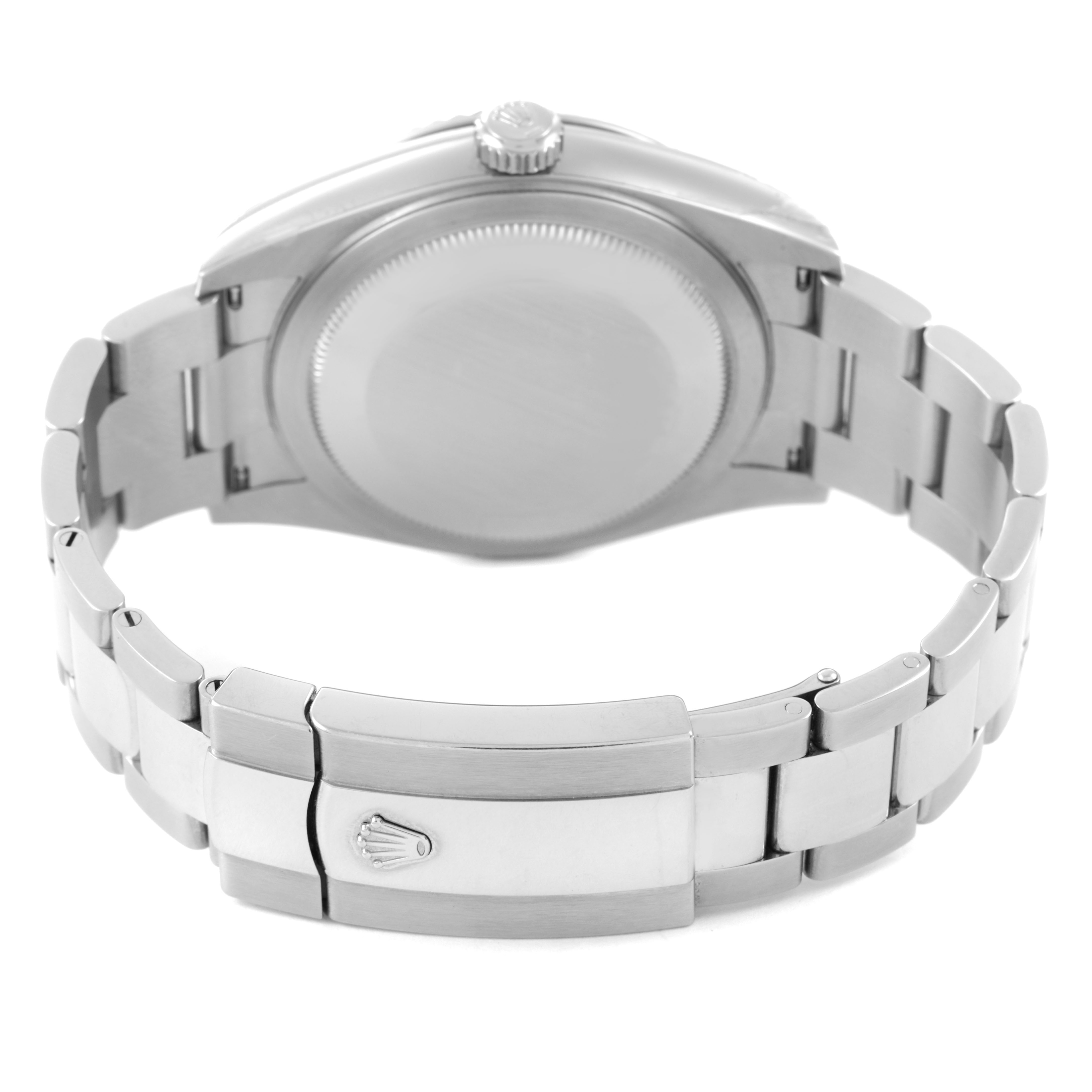 The image shows the back view of a Rolex Sky-Dweller 326934 Men's Stainless Steel Blue Dial watch, highlighting the clasp and band.