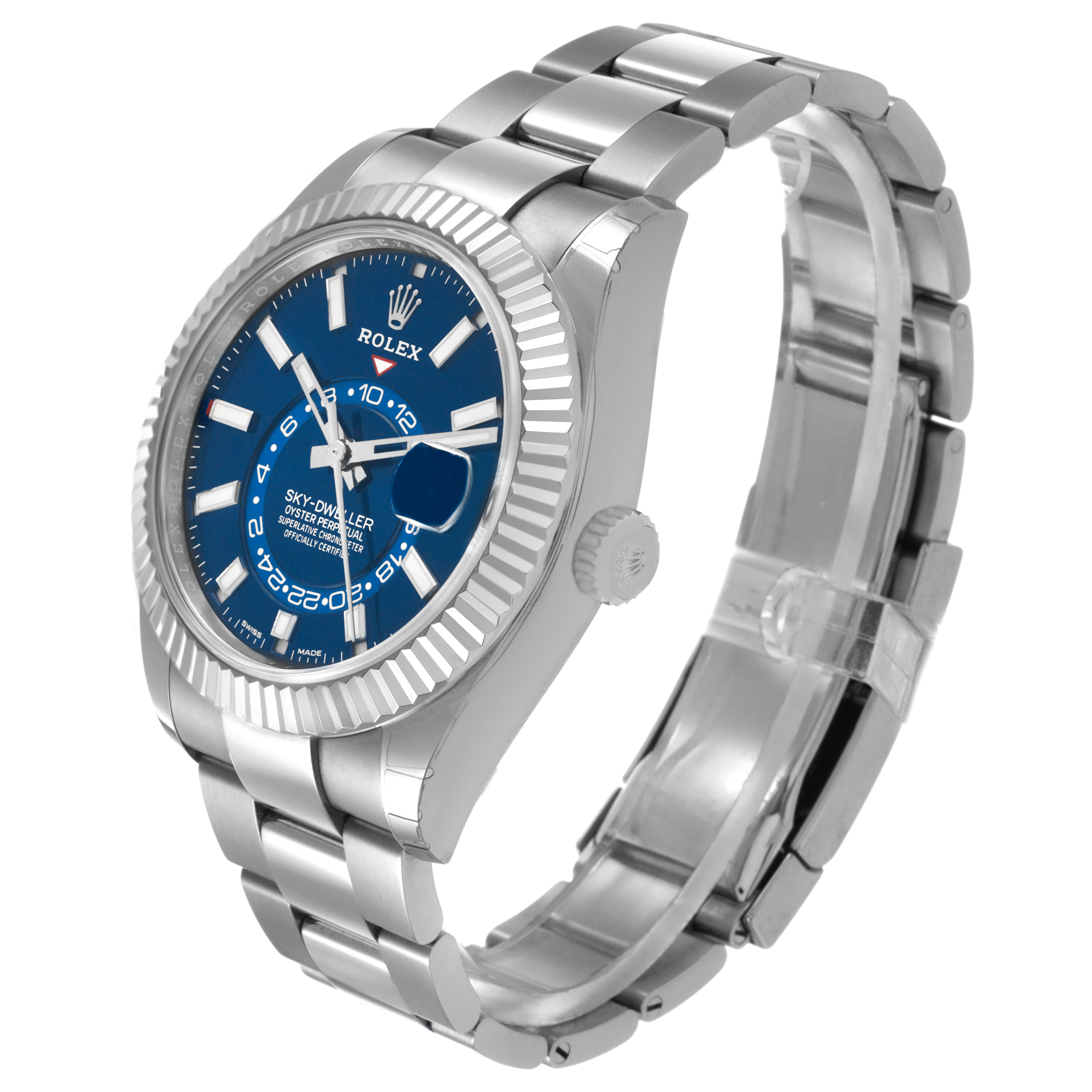 The Rolex Sky-Dweller 326934 Men's Stainless Steel Blue Dial watch is shown at a slight angle, displaying the blue dial, fluted bezel, and part of the bracelet.