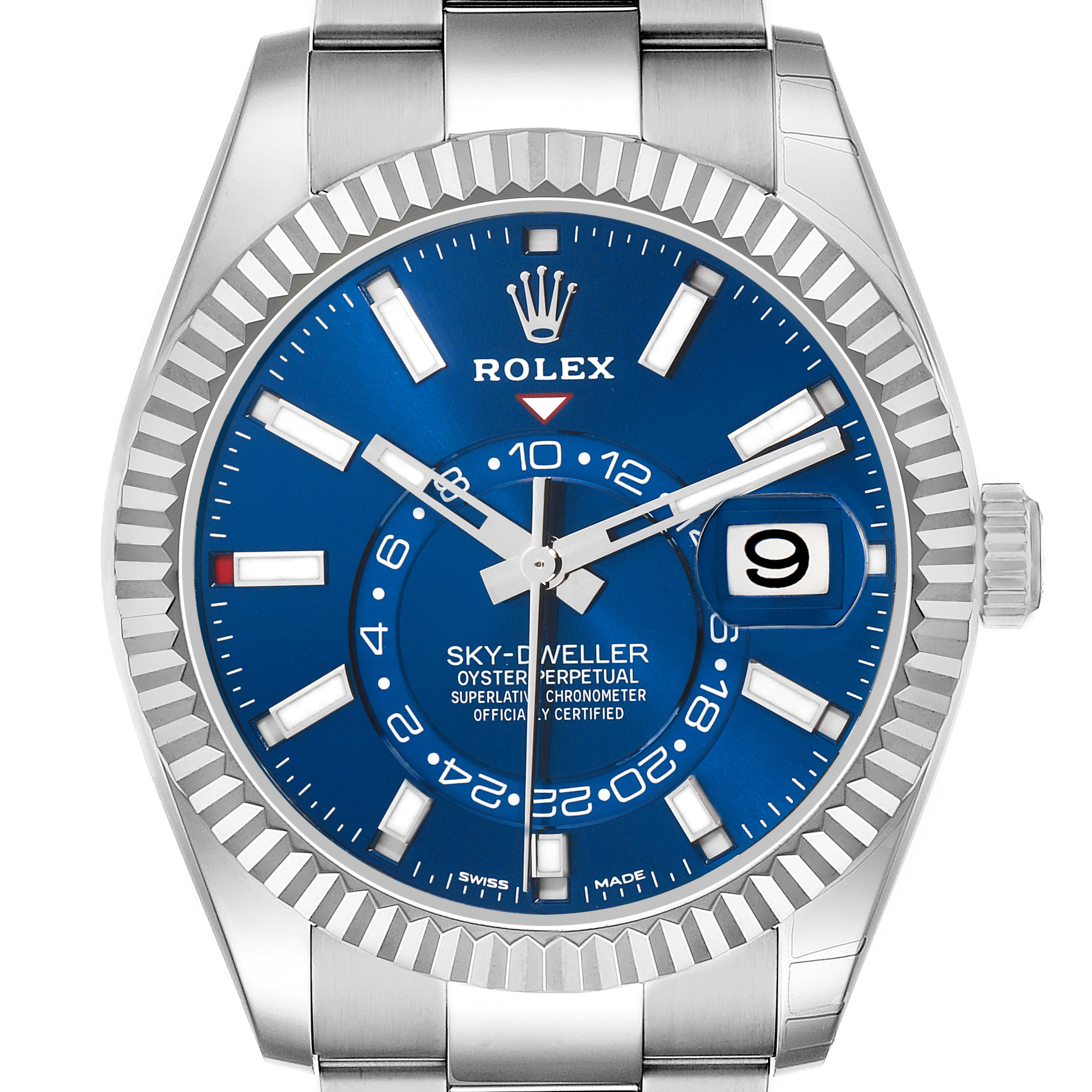The Rolex Sky-Dweller 326934 Men's Stainless Steel Blue Dial is shown from the front, displaying its blue dial, bezel, and bracelet.