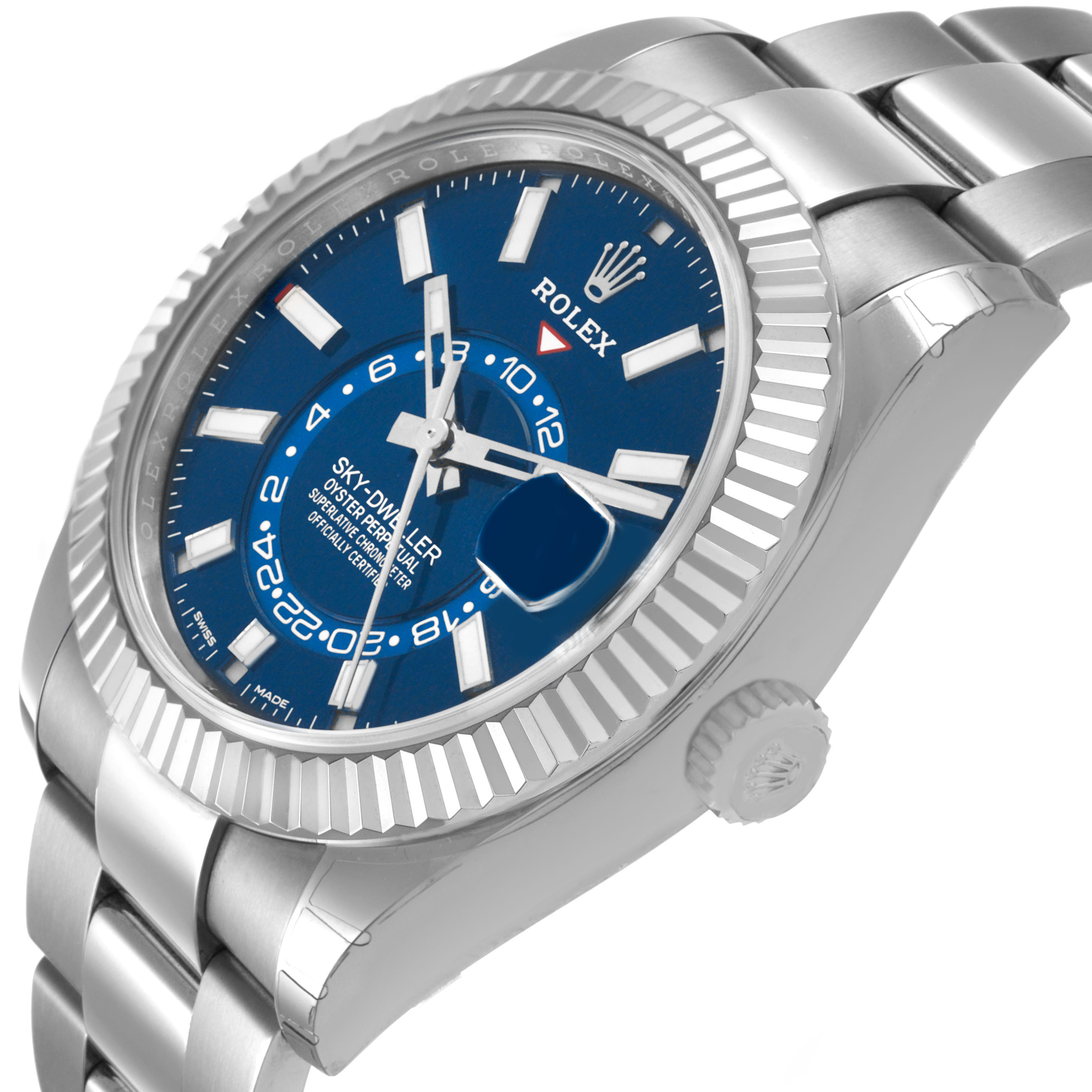 The Rolex Sky-Dweller 326934 Men's Stainless Steel Blue Dial is shown from a front-side angle, highlighting its blue dial, fluted bezel, and part of the bracelet.