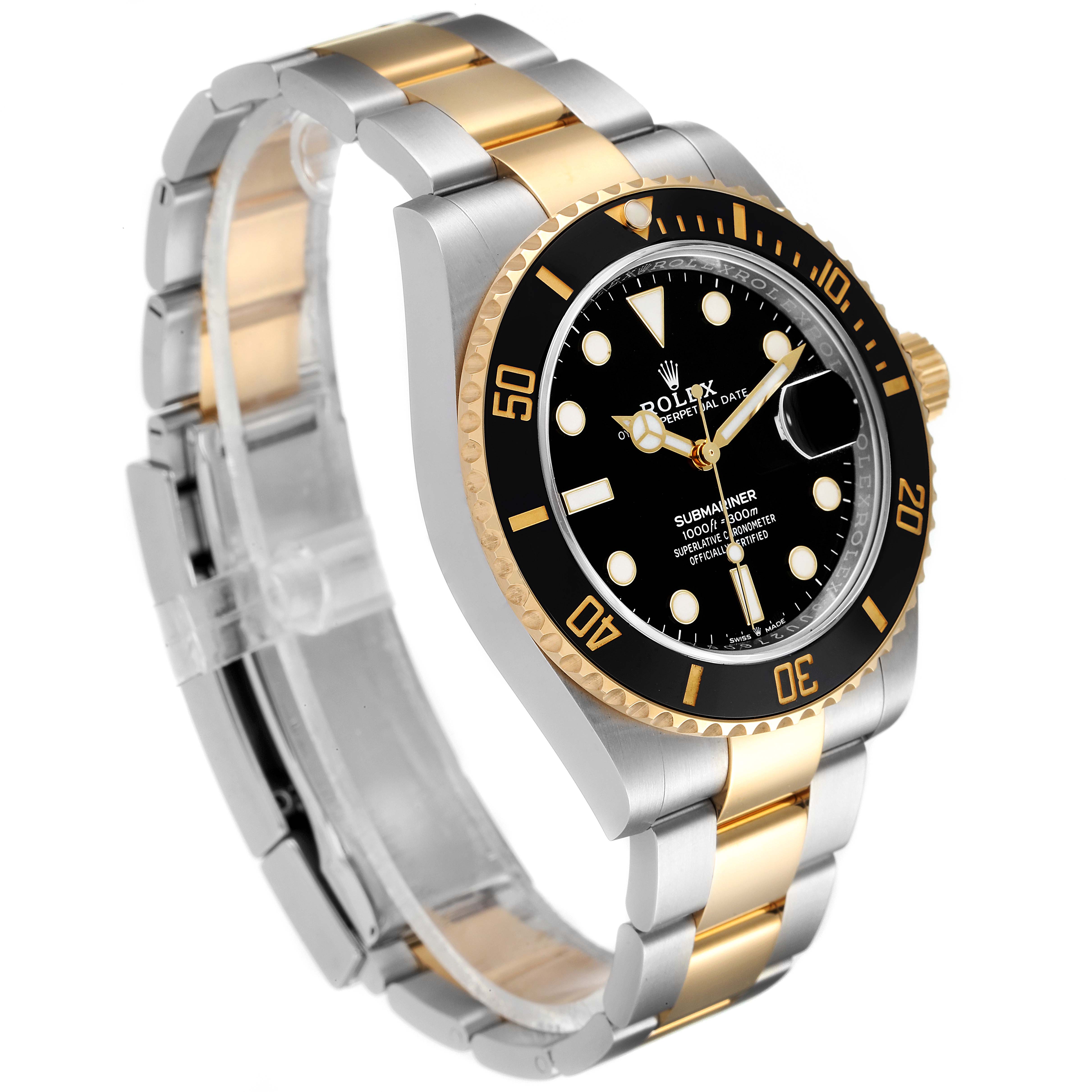 The image shows a Rolex Submariner 126613 Men's Steel and Gold (two tone) Black Dial 126613 Men's Steel and Gold (two tone) Black Dial watch at a three-quarter angle, highlighting its black dial, bezel, and two-tone bracelet.