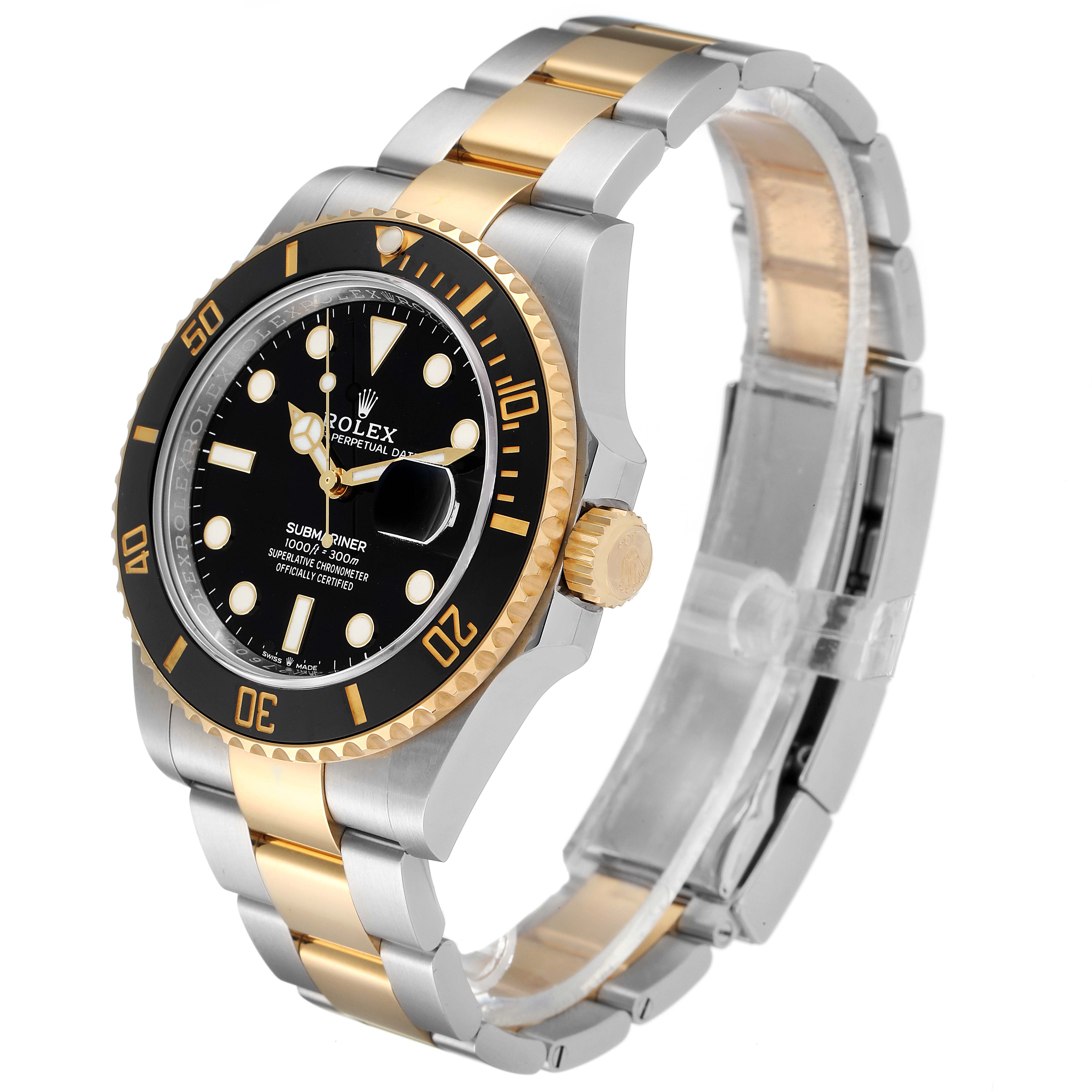 The image shows a side angle view of the Rolex Submariner 126613 Men's Steel and Gold (two tone) Black Dial 126613 Men's Steel and Gold (two tone) Black Dial, highlighting the bezel, crown, and bracelet.