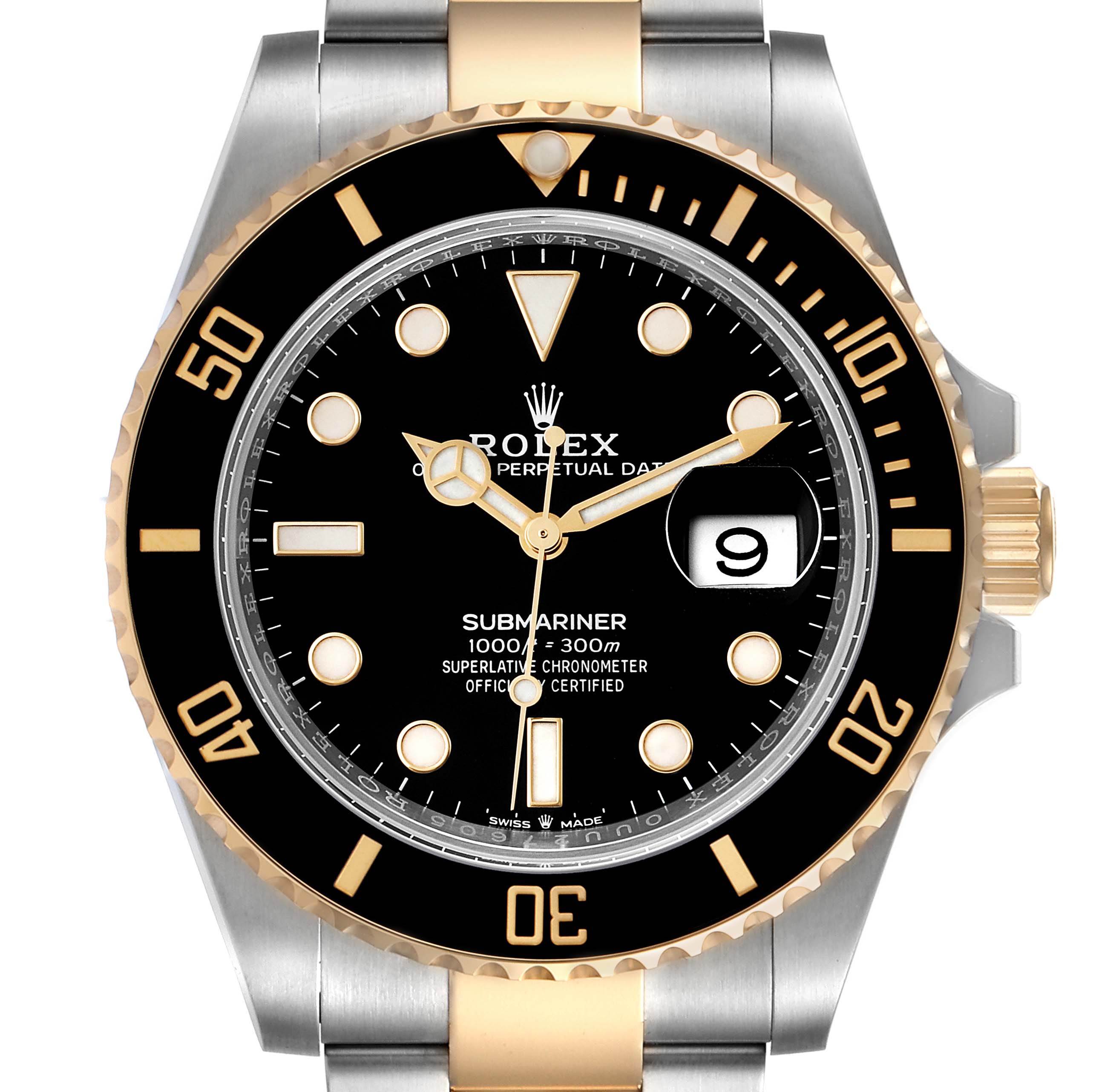 The image shows a front view of a Rolex Submariner 126613 Men's Steel and Gold (two tone) Black Dial 126613 Men's Steel and Gold (two tone) Black Dial watch, highlighting its dial, bezel, hands, and part of its bracelet and crown.