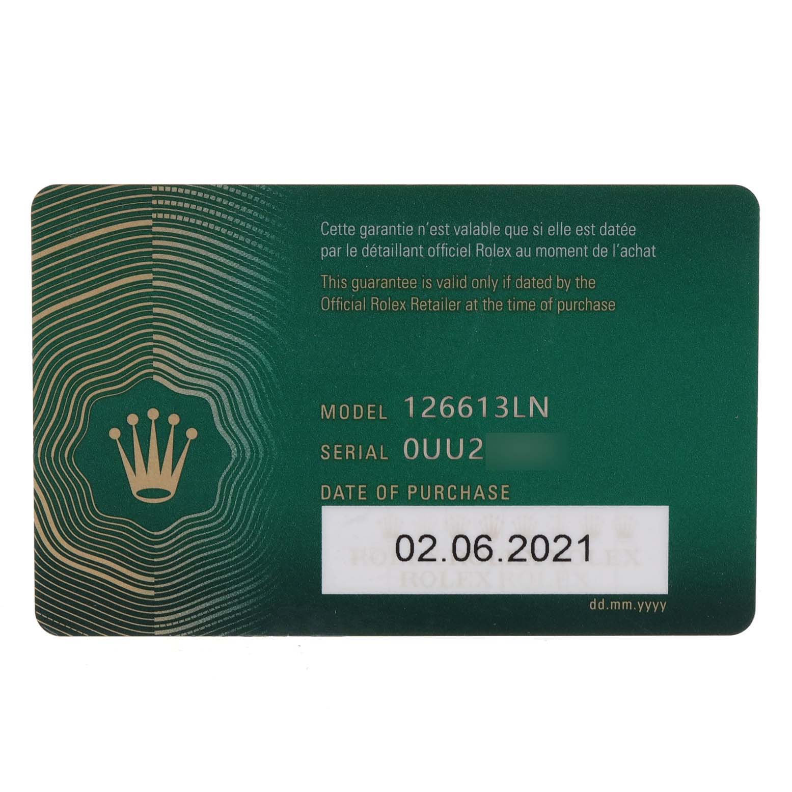 This image shows a warranty card for the Rolex Submariner 126613 Men's Steel and Gold (two tone) Black Dial 126613 Men's Steel and Gold (two tone) Black Dial model 126613LN.