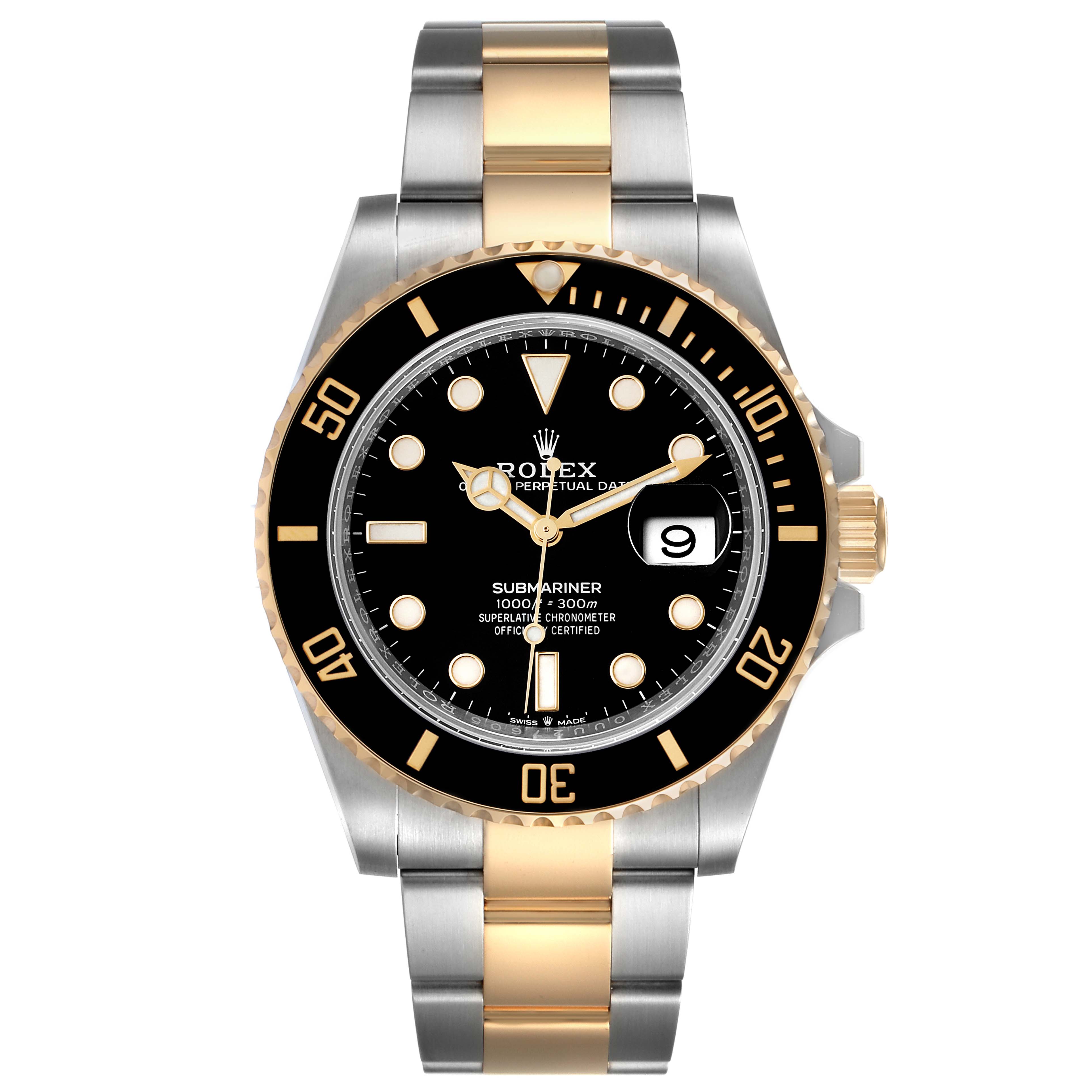 The image shows a front view of a Rolex Submariner 126613 Men's Steel and Gold (two tone) Black Dial 126613 Men's Steel and Gold (two tone) Black Dial watch, highlighting its bezel, dial, bracelet, and date window.