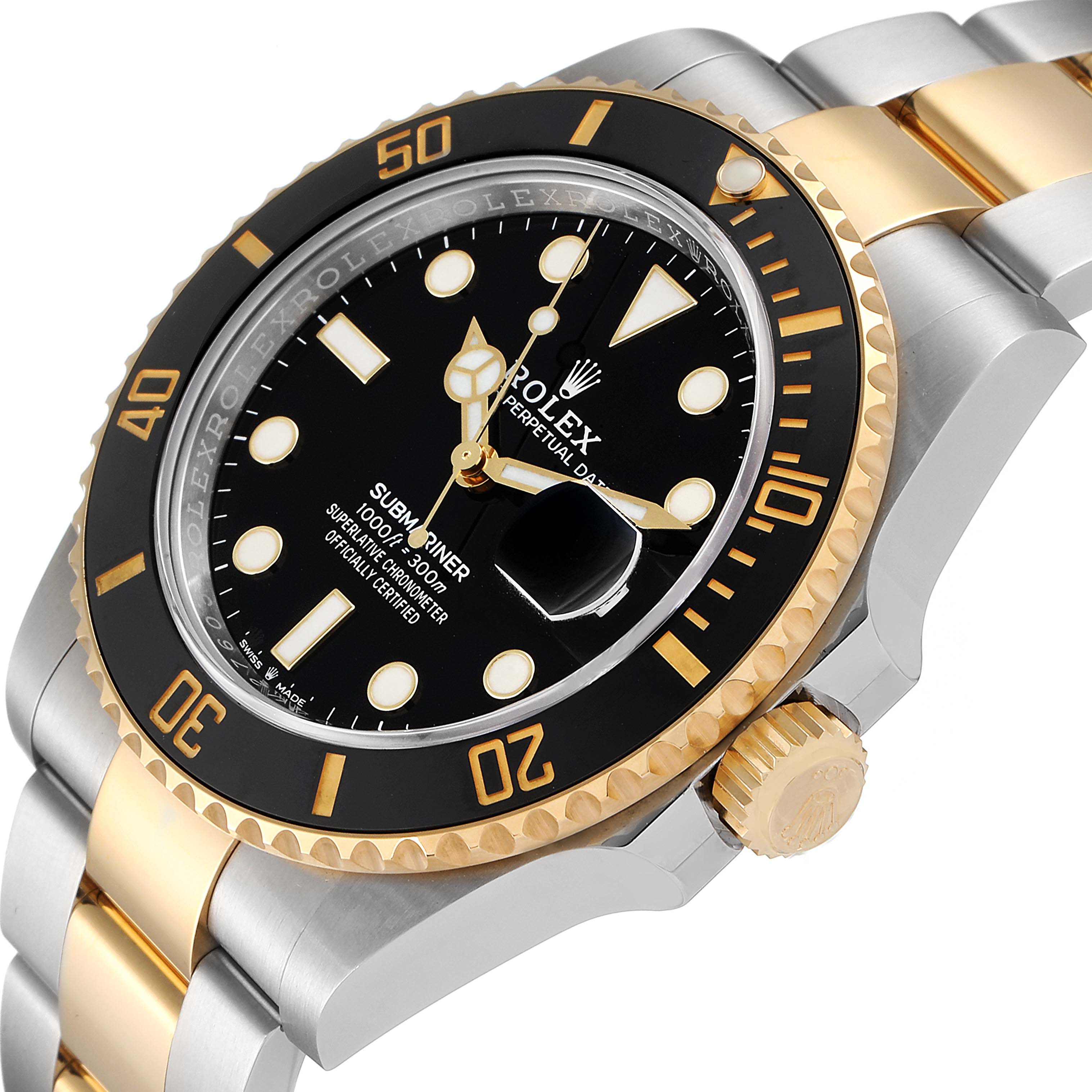 The image shows a side angle of the Rolex Submariner 126613 Men's Steel and Gold (two tone) Black Dial 126613 Men's Steel and Gold (two tone) Black Dial, highlighting its black dial, gold bezel, and two-tone bracelet.