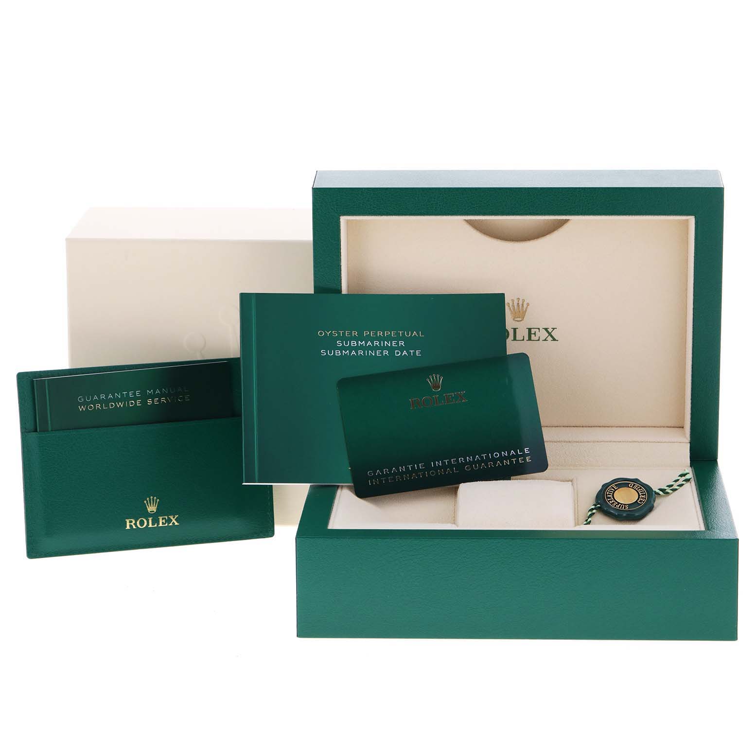 The image shows a Rolex Submariner 126613 Men's Steel and Gold (two tone) Black Dial 126613 Men's Steel and Gold (two tone) Black Dial box with manuals, an international guarantee card, and an authenticity tag.