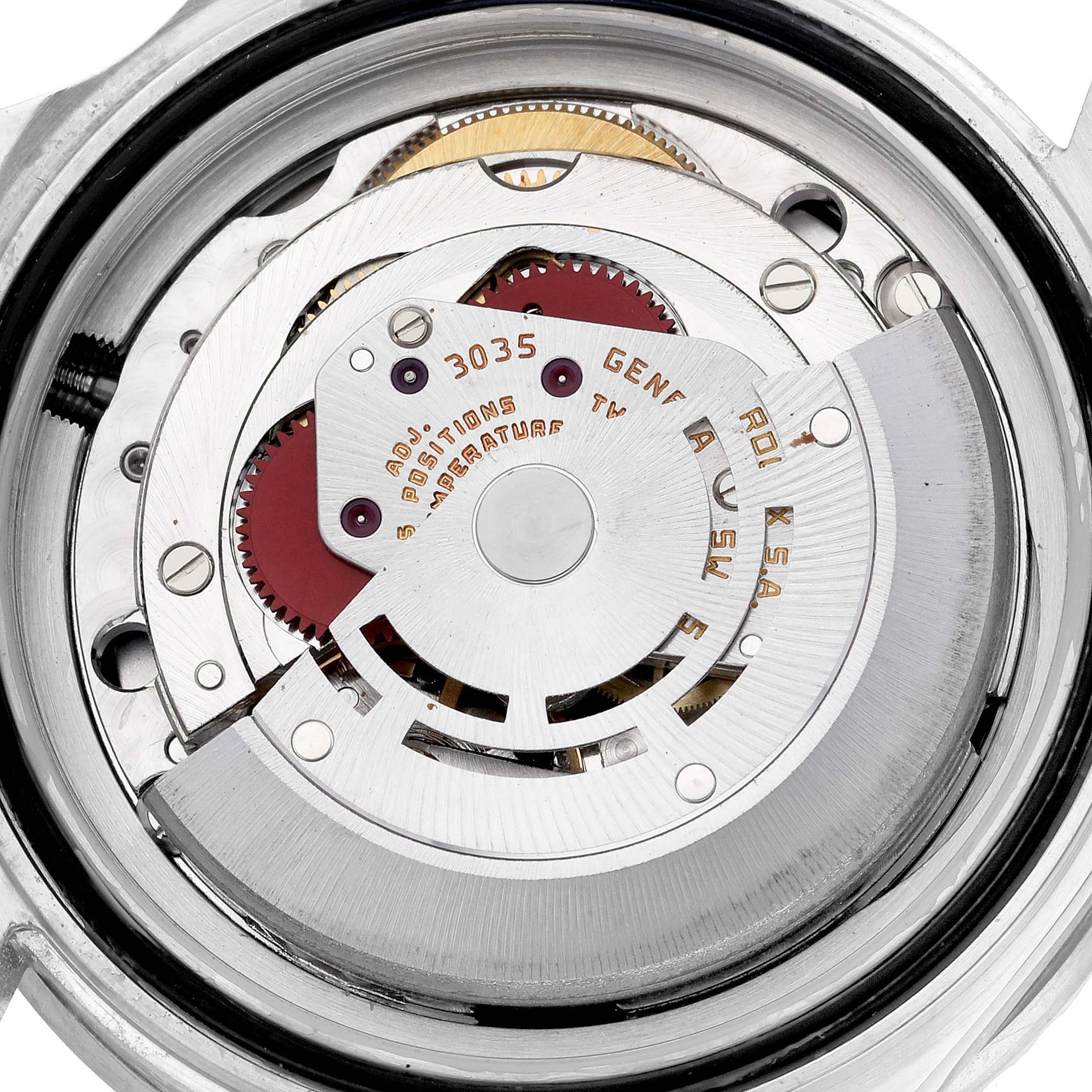 The image shows the movement and internal mechanism of the Rolex Vintage Collection 16800 Men's Stainless Steel Black Dial 16800 Men's Stainless Steel Black Dial watch, viewed from the back.