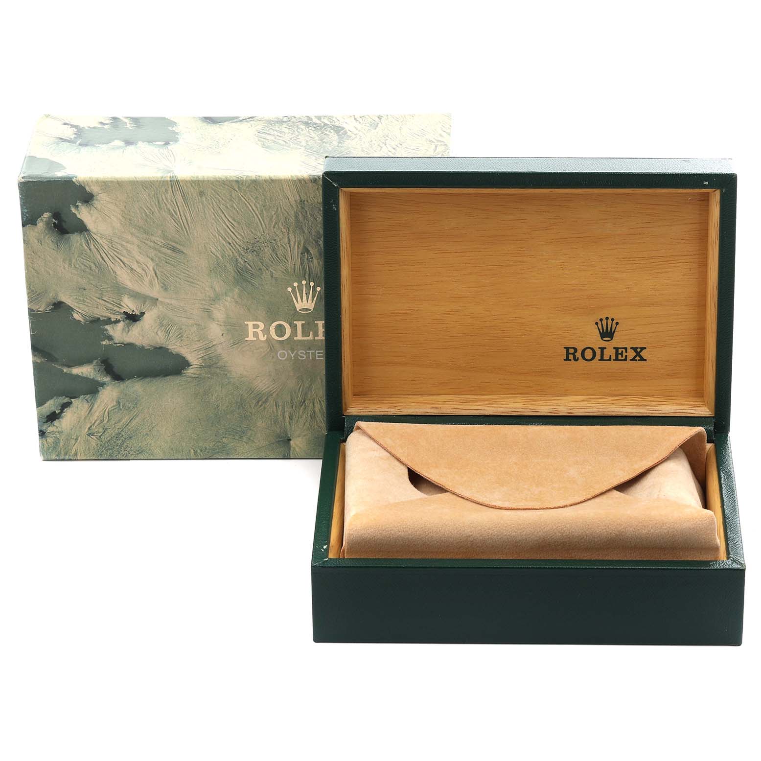 The image shows a Rolex Vintage Collection 16800 Men's Stainless Steel Black Dial 16800 Men's Stainless Steel Black Dial watch box at an angle, displaying the outer packaging and inner compartment.