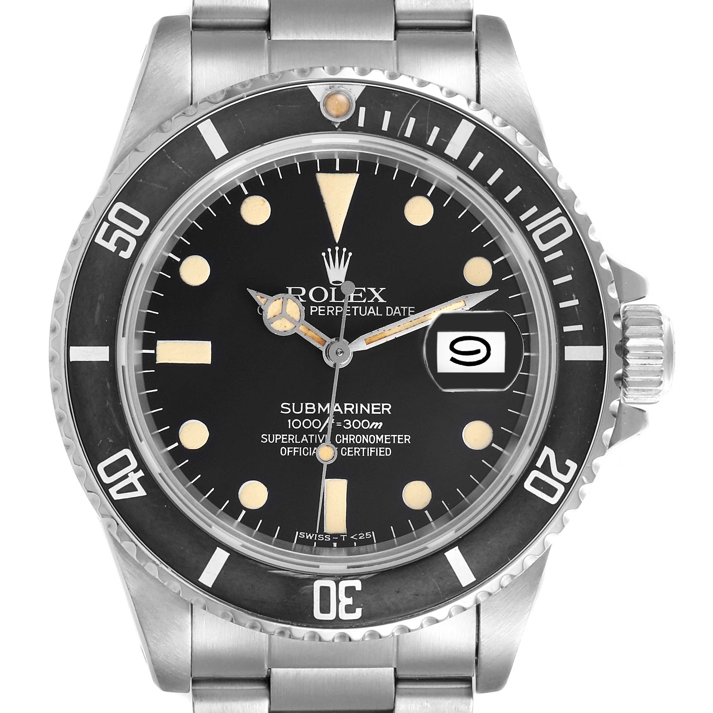 The Rolex Vintage Collection 16800 Men's Stainless Steel Black Dial 16800 Men's Stainless Steel Black Dial watch is shown from a front angle, highlighting the dial, bezel, and a portion of the bracelet.