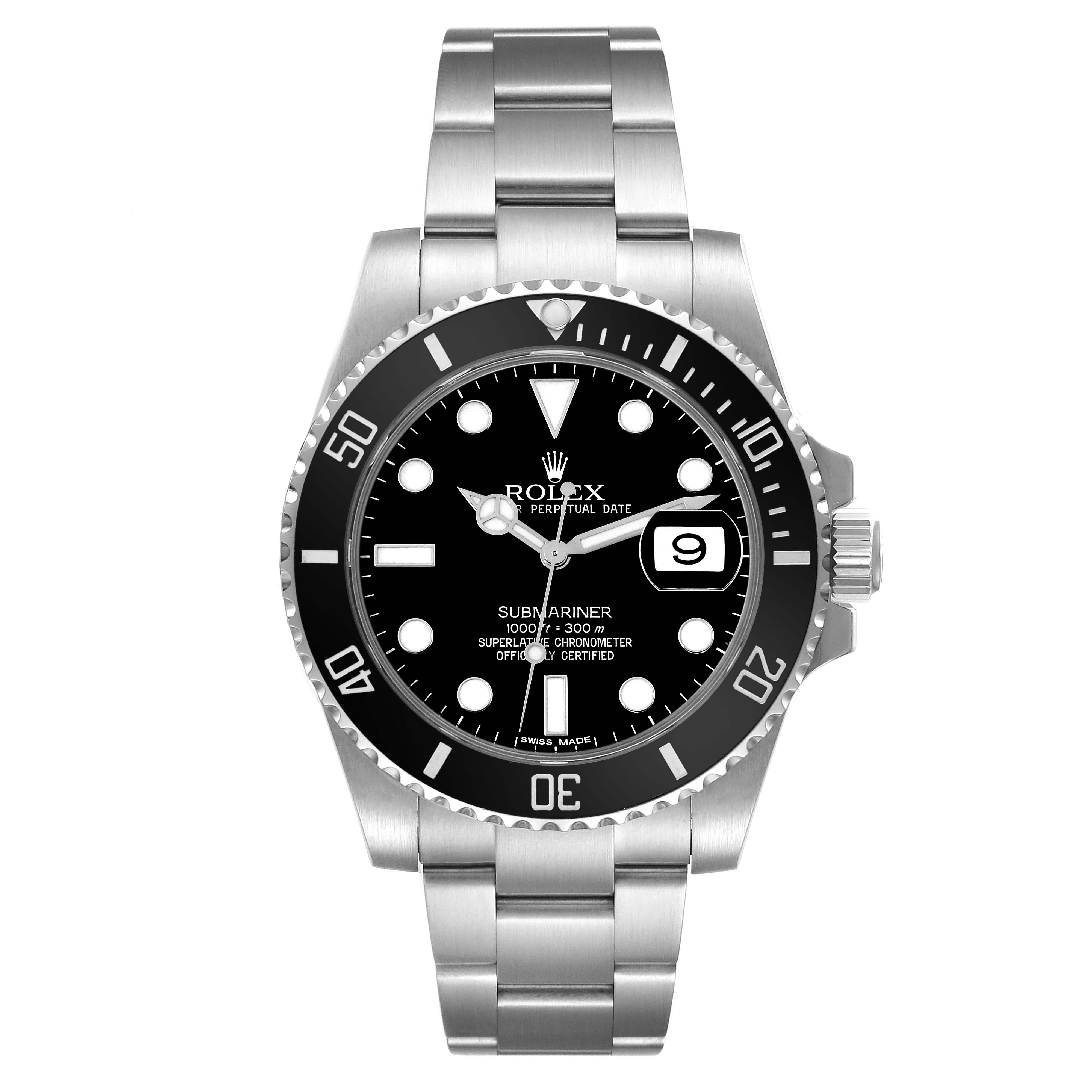 The image shows a front view of the Rolex Submariner 116610 Men
s Stainless Steel Black Dial 116610 Men
s Stainless Steel Black Dial watch, highlighting its dial, bezel, and stainless steel bracelet.