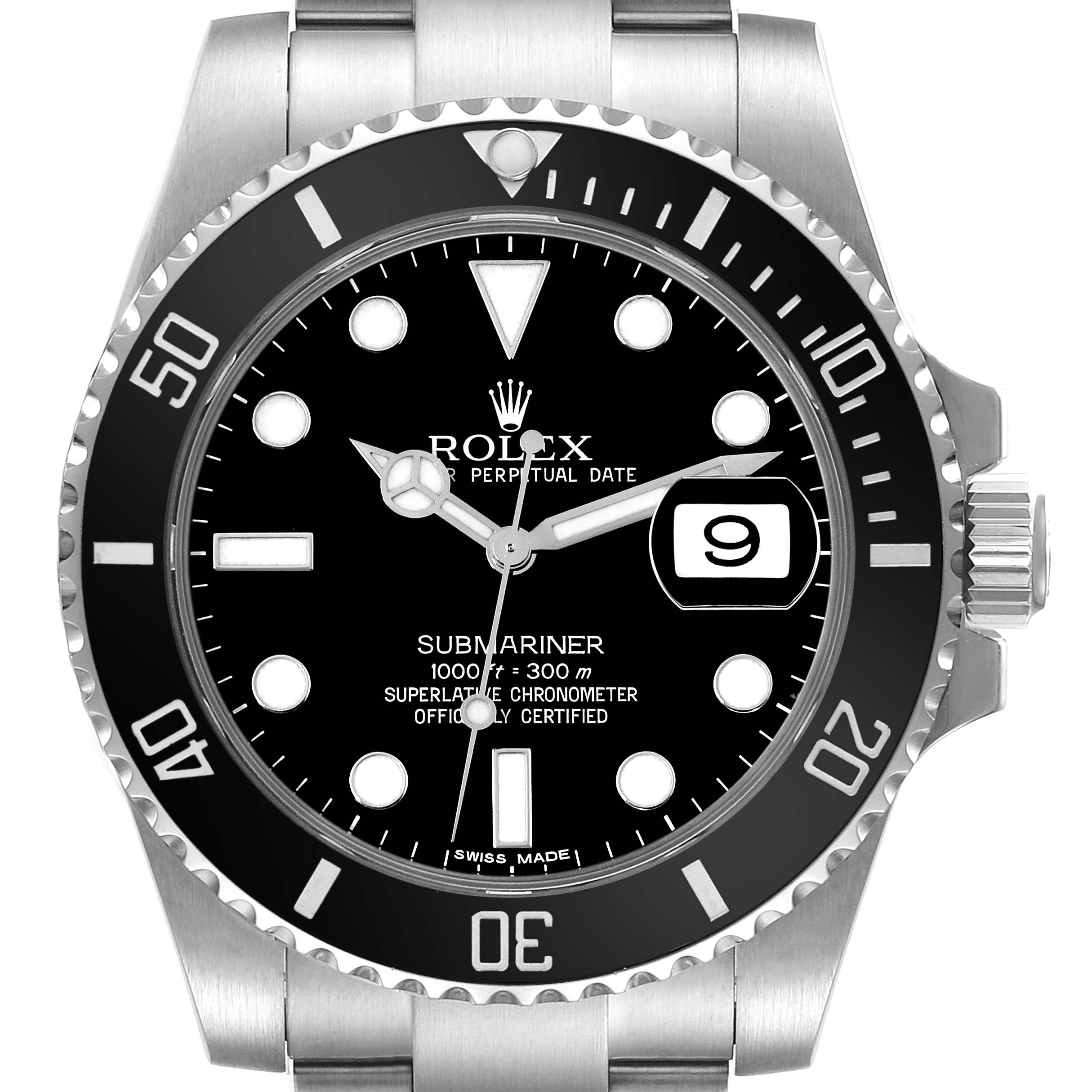 This Rolex Submariner 116610 Men
s Stainless Steel Black Dial 116610 Men
s Stainless Steel Black Dial watch is shown from the front, highlighting its bezel, dial, hands, and bracelet.