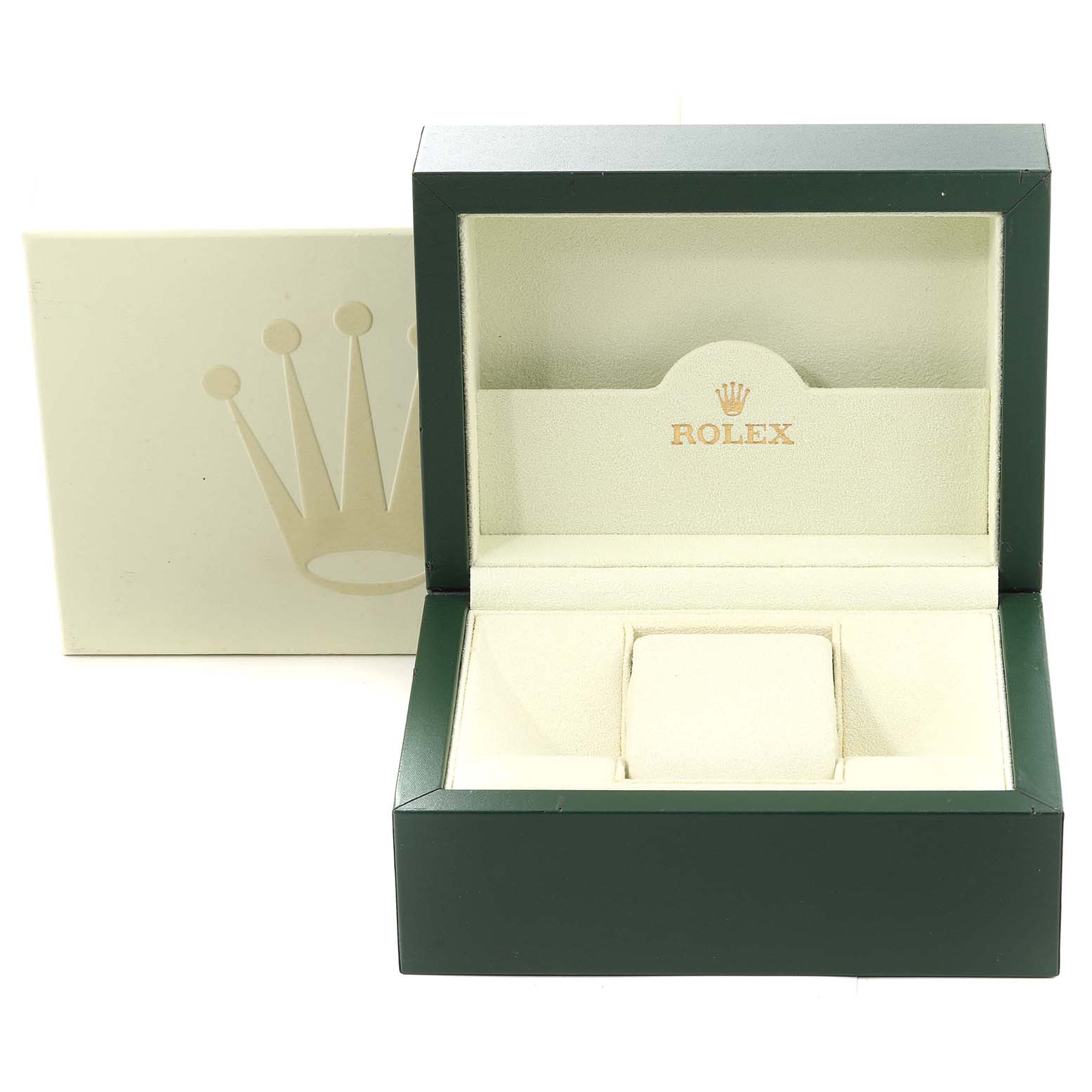 The image shows an open green and beige Rolex Submariner 116610 Men
s Stainless Steel Black Dial 116610 Men
s Stainless Steel Black Dial watch box with the Rolex logo inside and the outer box partially visible.