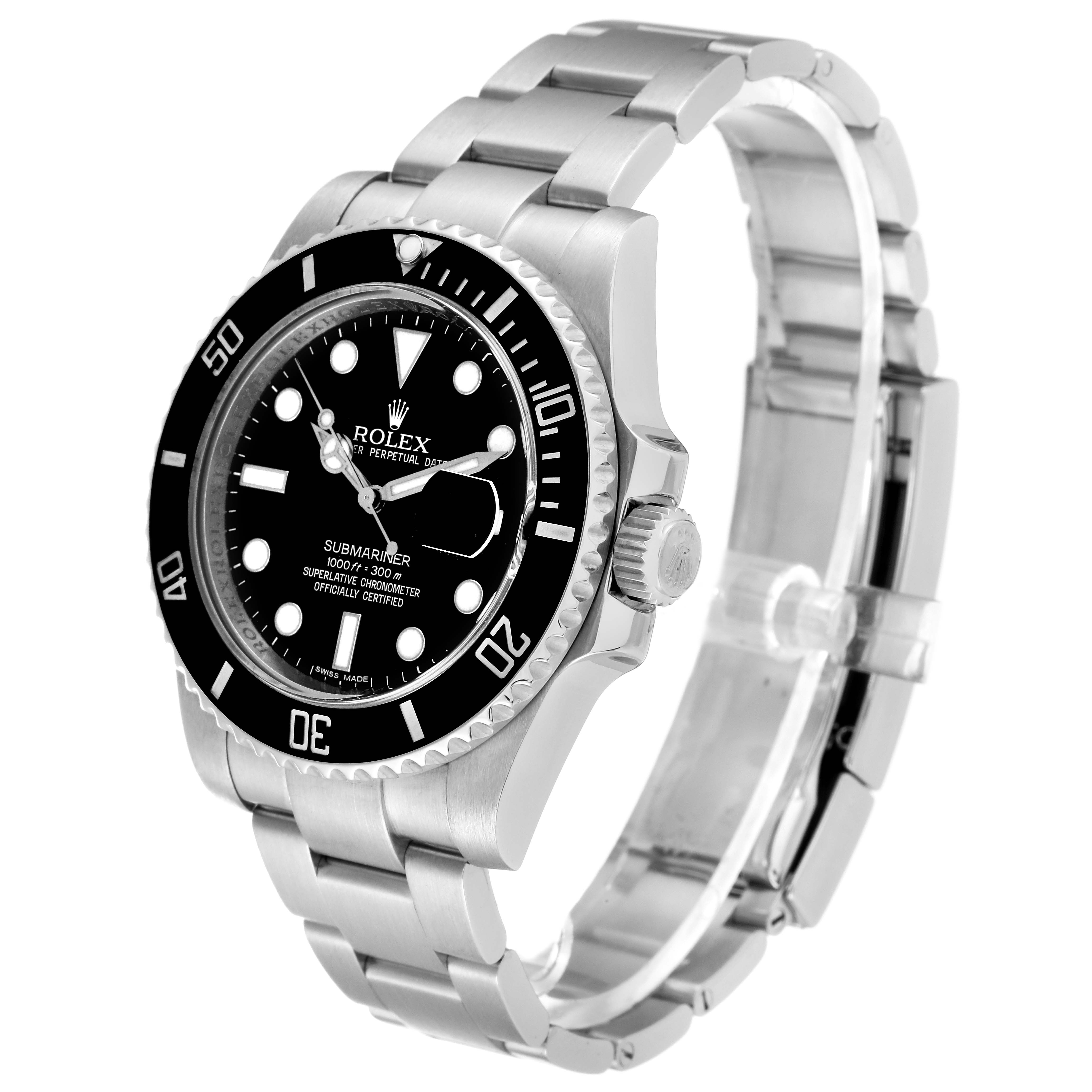 The image shows a Rolex Submariner 116610 Men
s Stainless Steel Black Dial 116610 Men
s Stainless Steel Black Dial watch from a slight side angle, highlighting the dial, bezel, and metal bracelet.