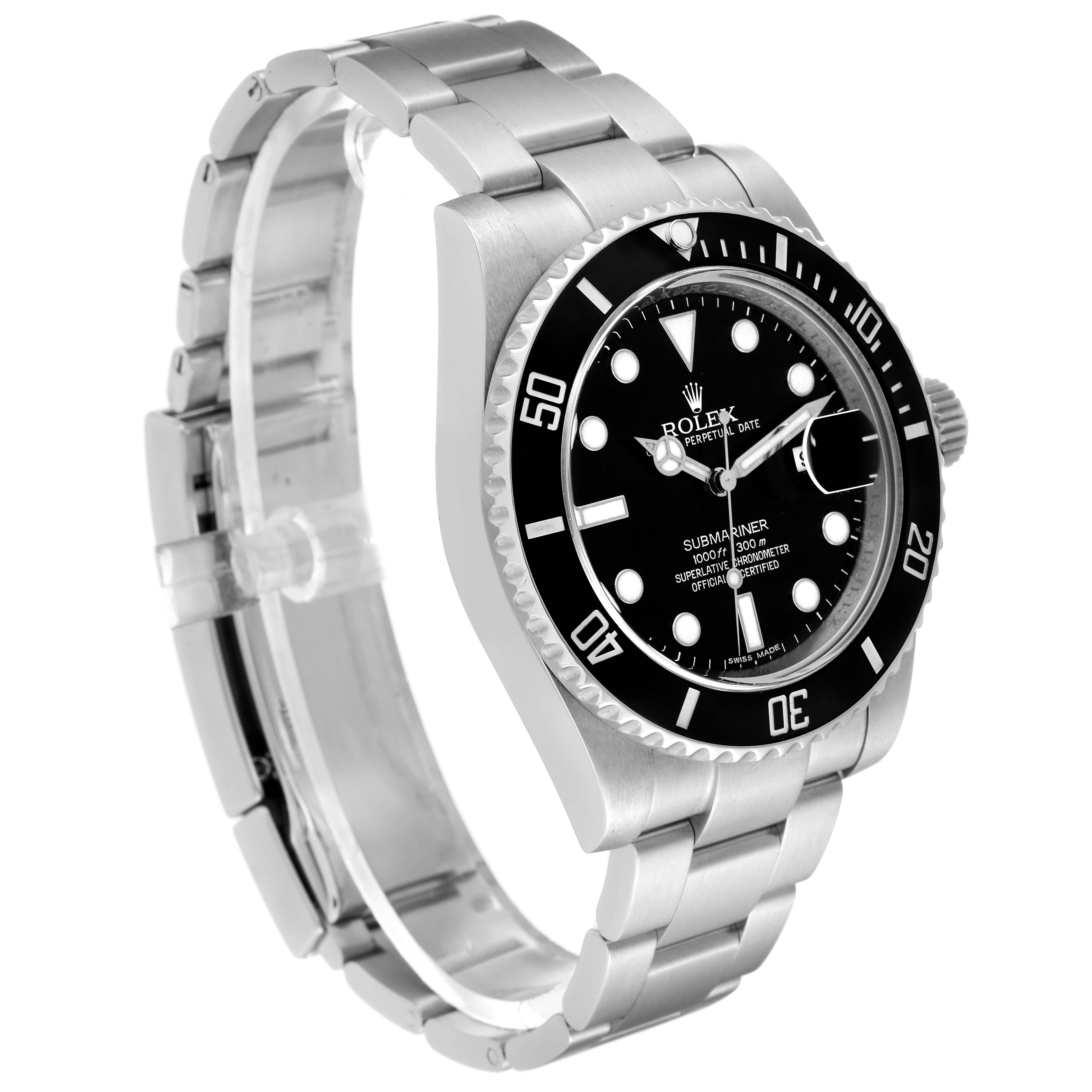 The image shows a side angle of the Rolex Submariner 116610 Men
s Stainless Steel Black Dial 116610 Men
s Stainless Steel Black Dial, highlighting the face, bezel, and bracelet.